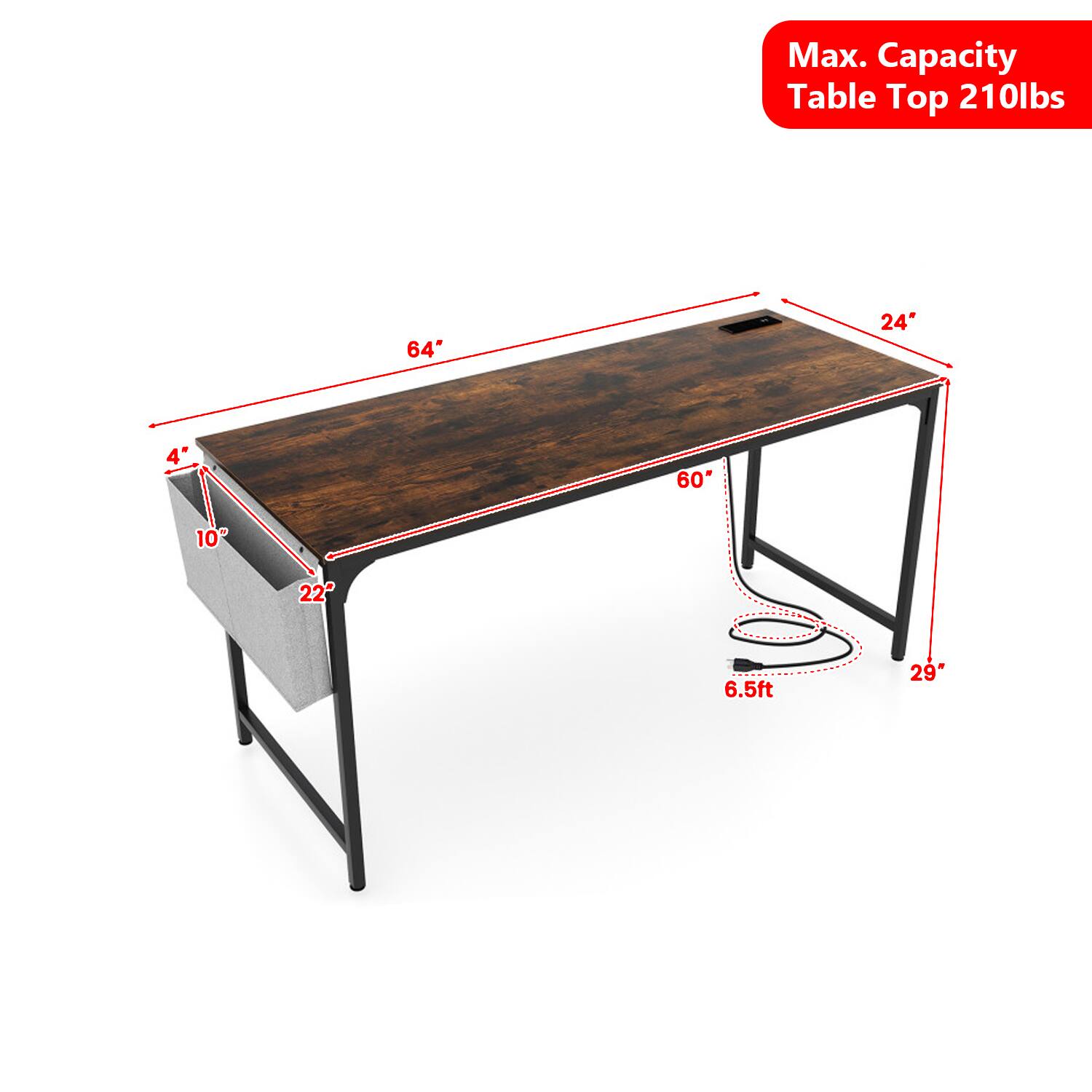 Max. Capacity Table Top 210lbs  
64" x 24"  
4" x 60"  
10" x 22"  
6.5ft x 29"