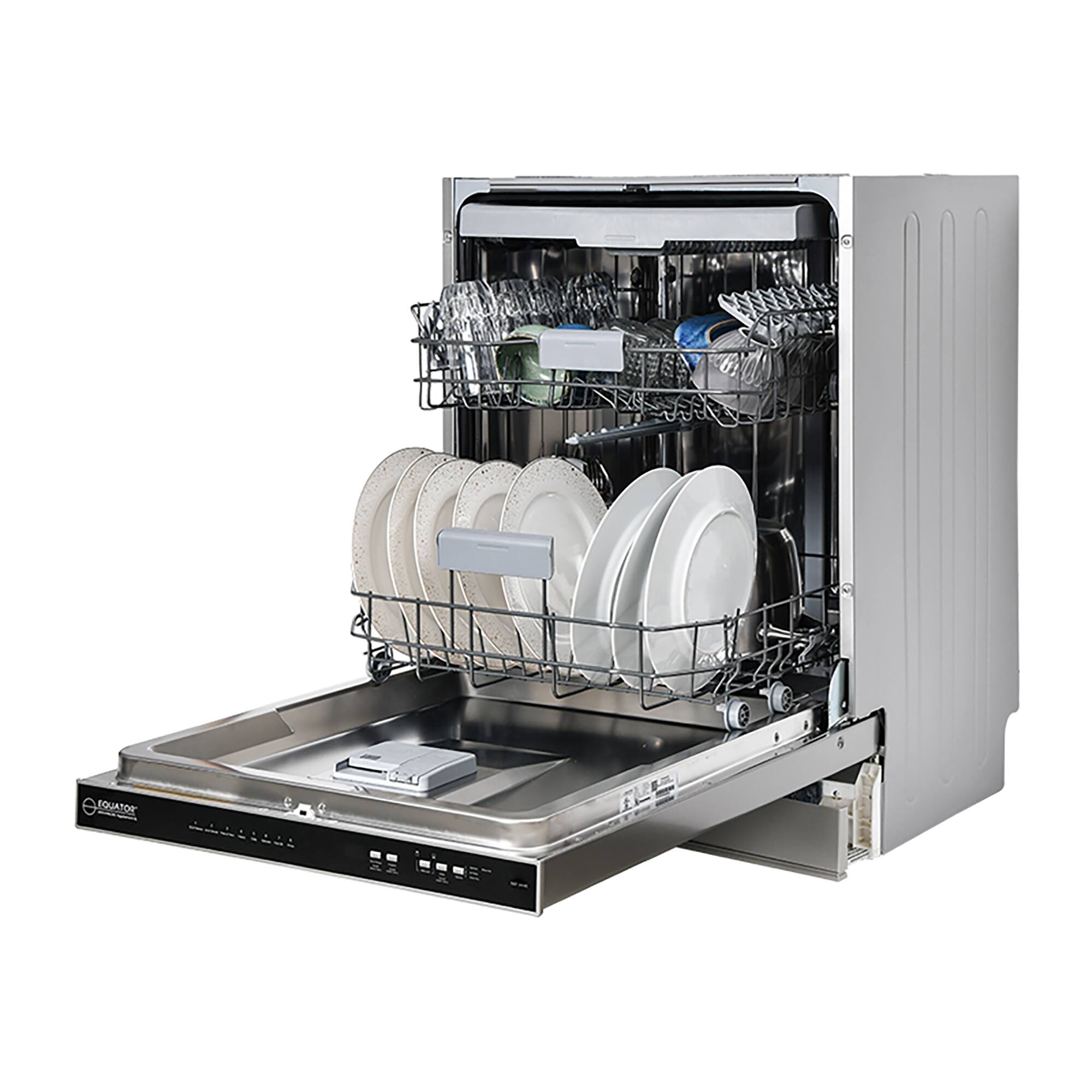 Left. Equator - Equator 24" Built-In Dishwasher Top Control 3rd Rack 15 place 3.4g Sanitize 51 dB Turbo Dry Energy Star 110V ADA - Silver.