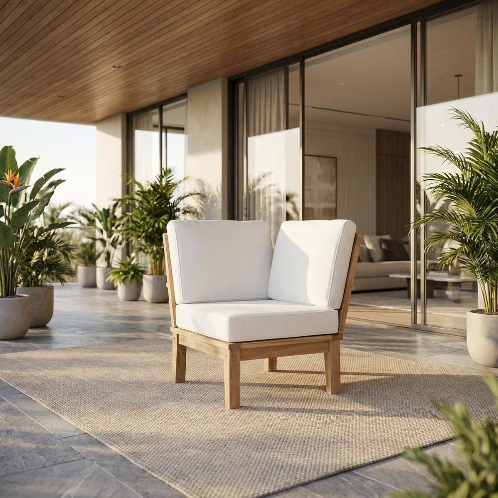 Angle. Outdoor Escape - Adirondack Outdoor Teak Sofa With Cushions And Modern Design - White.