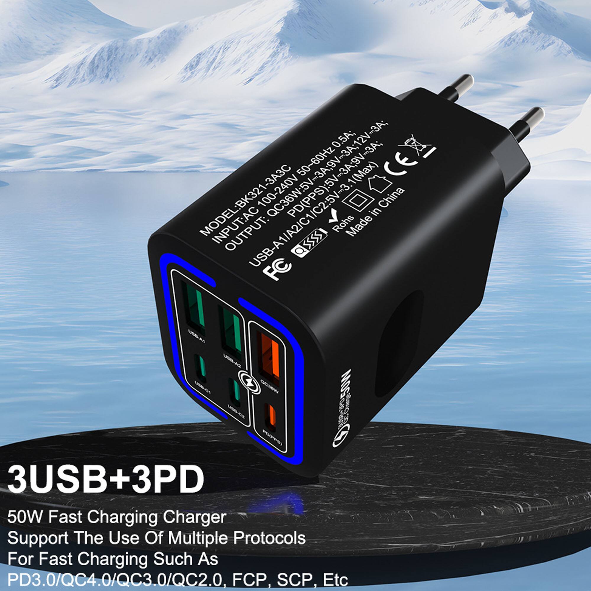 0.5A; 12V-3A: AA-VW 50~60Hz  
0.5A; 1(Max) CE  
MODEL: BK321-3A3C  
100-240V PD(PPS):5V  
INPUT: AC  
USB-A1/A2/C1/C2: 5V-3.1  
FC  
SSS  
RoHS  
Made in China  
GAG/MON  
Oeessow  
3USB+3PD  
50W Fast Charging Charger  
Support The Use Of Multiple Protocols For Fast Charging Such As PD3.0/QC4.0/QC3.0/QC2.0, FCP, SCP, Etc