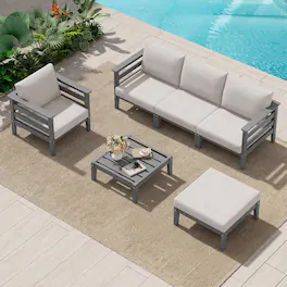 SERWALL - HDPE Outdoor Furniture Set, 6 Pieces Patio Sectional Sofa Set, Modular Design for Flexible Combination - Grey/Khaki