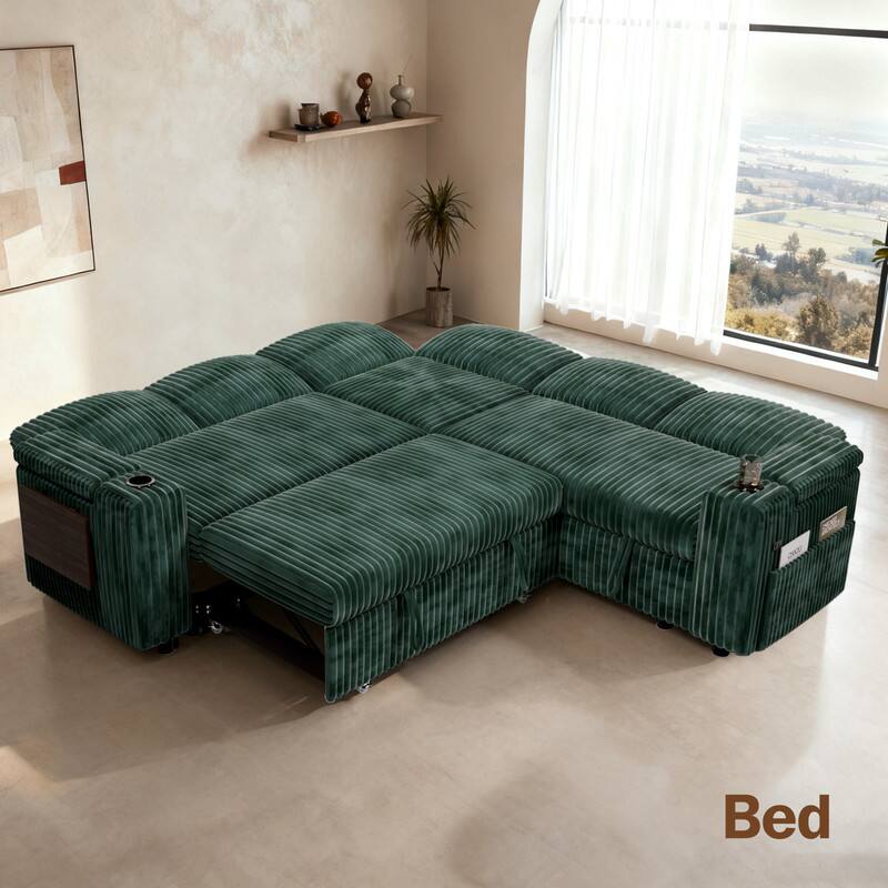 Back. Vipbear - 85" Modular Sectional Sofa with Pull Out Bed,Corduroy Fabric 5 Seat Sectional Sleeper Sofa with Storage,for Living Room - Green.