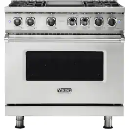Viking - 5-Series 5.6 Cu. Ft. Self-Cleaning Freestanding Dual Fuel Convection Range - 4 Burner - Stainless Steel