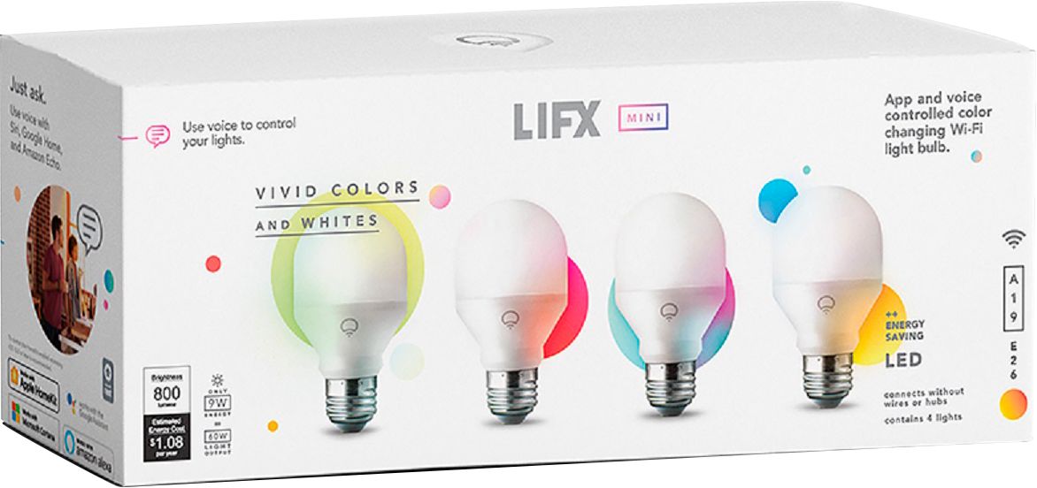 Best Buy Lifx Mini 800 Lumen 9w Dimmable A19 Led Light Bulb 60w Equivalent 4 Pack Multicolor Hb4l3a19mc08e26