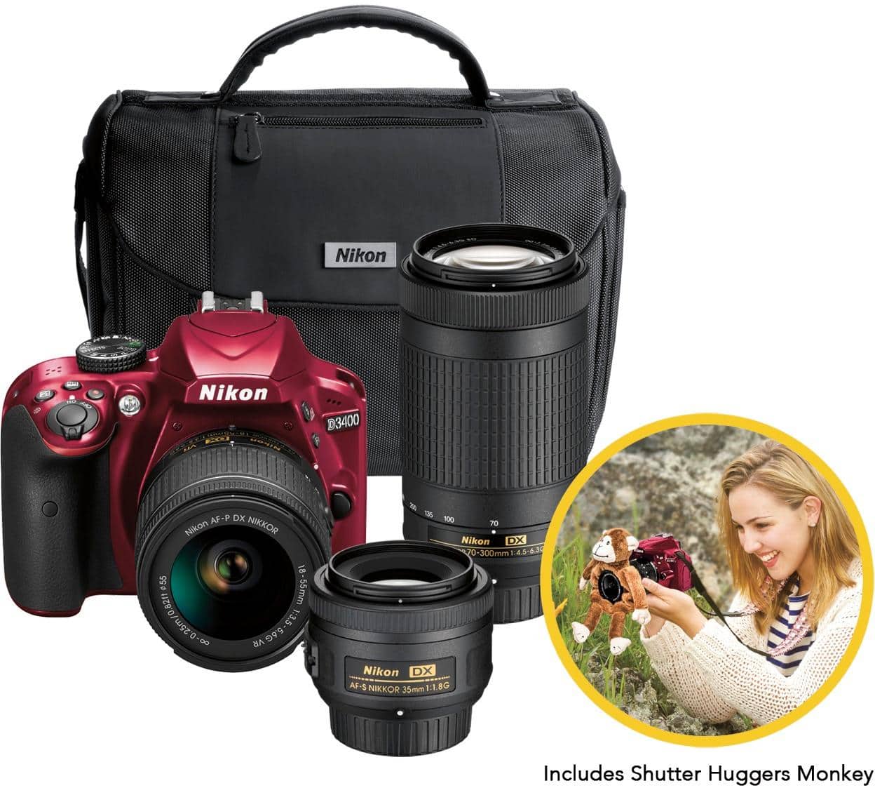 Nikon - D3400 DSLR Camera with 18-55mm, 70-300mm and 35mm Lenses Parent's Kit - Red - Larger Front
