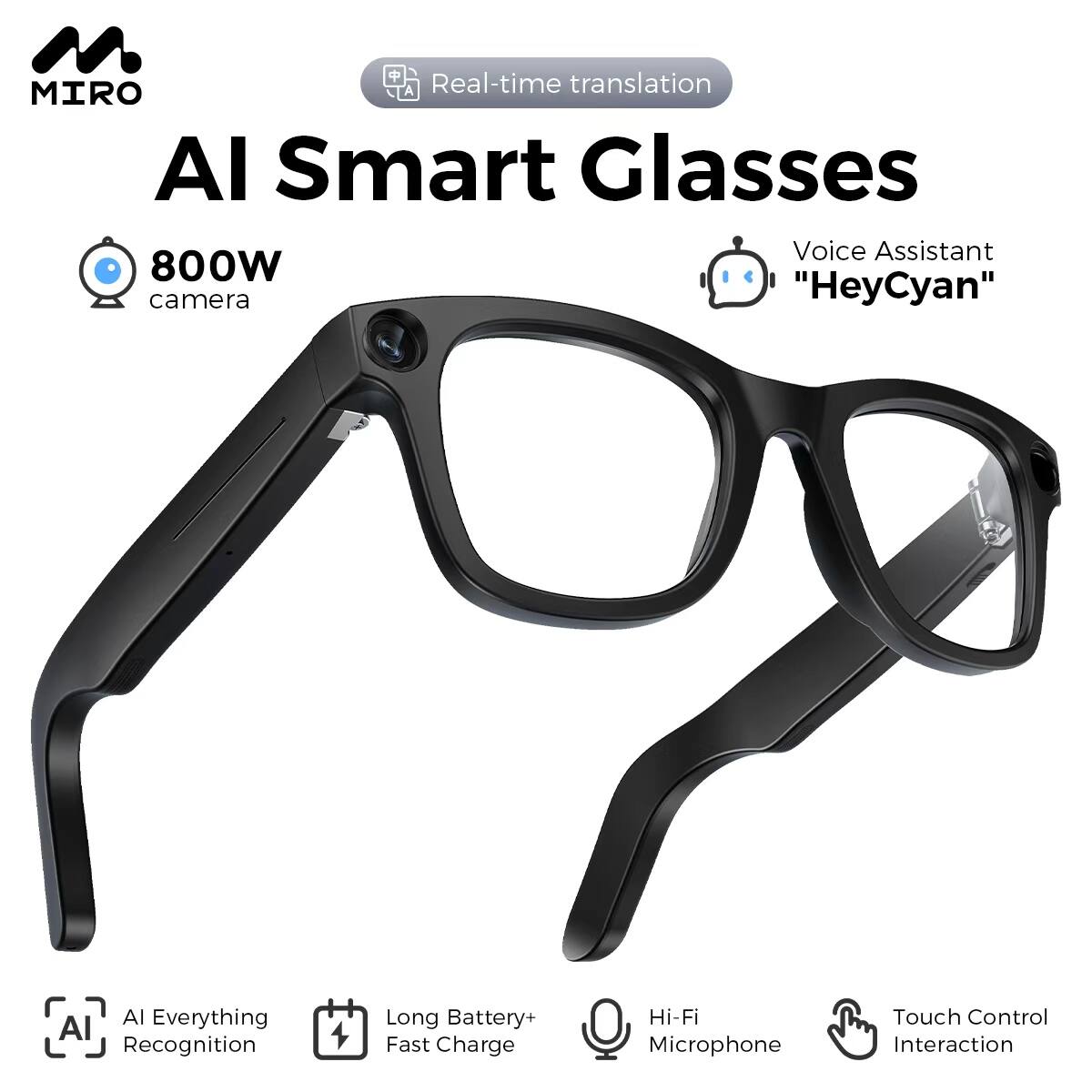 Miro - iVision6 AI Smart Glasses with ChatGPT Integration - Hands-Free Translation & Camera, 1080P Video Recording, 32GB Memory - Black