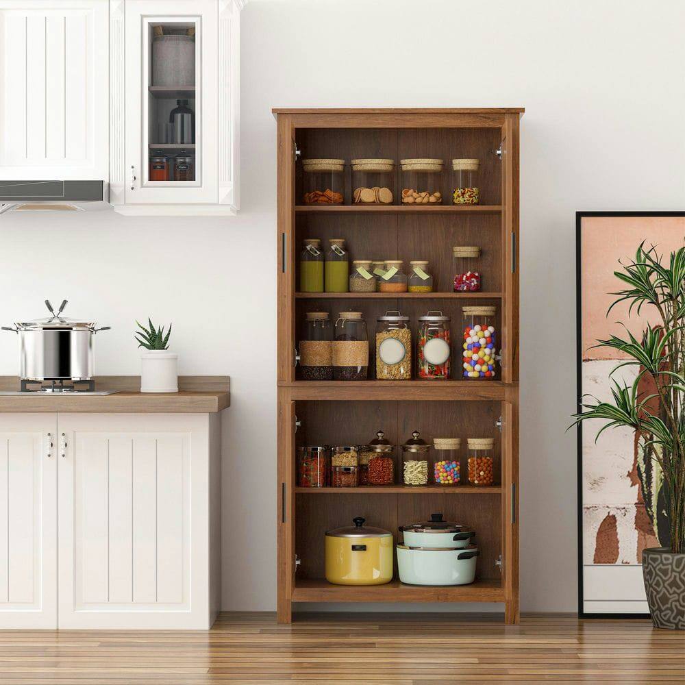 Front. Kadyn - 64-Inch 4-Door Pantry with 3 Adjustable Interior Shelves, Oak - Brown.