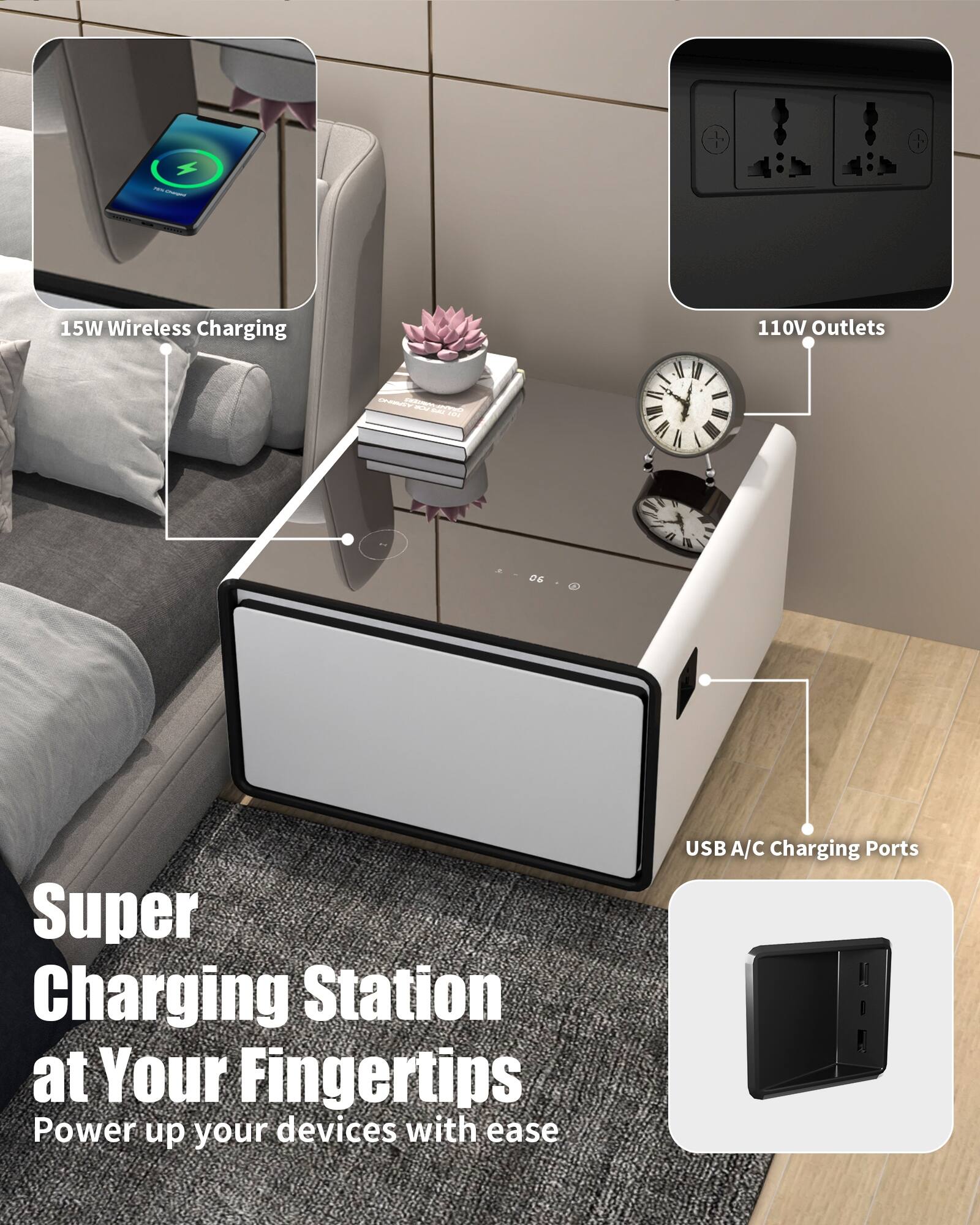 Super Charging Station at Your Fingertips: Power up your devices with ease. 15W Wireless Charging. 110V Outlets. USB A/C Charging Ports.
