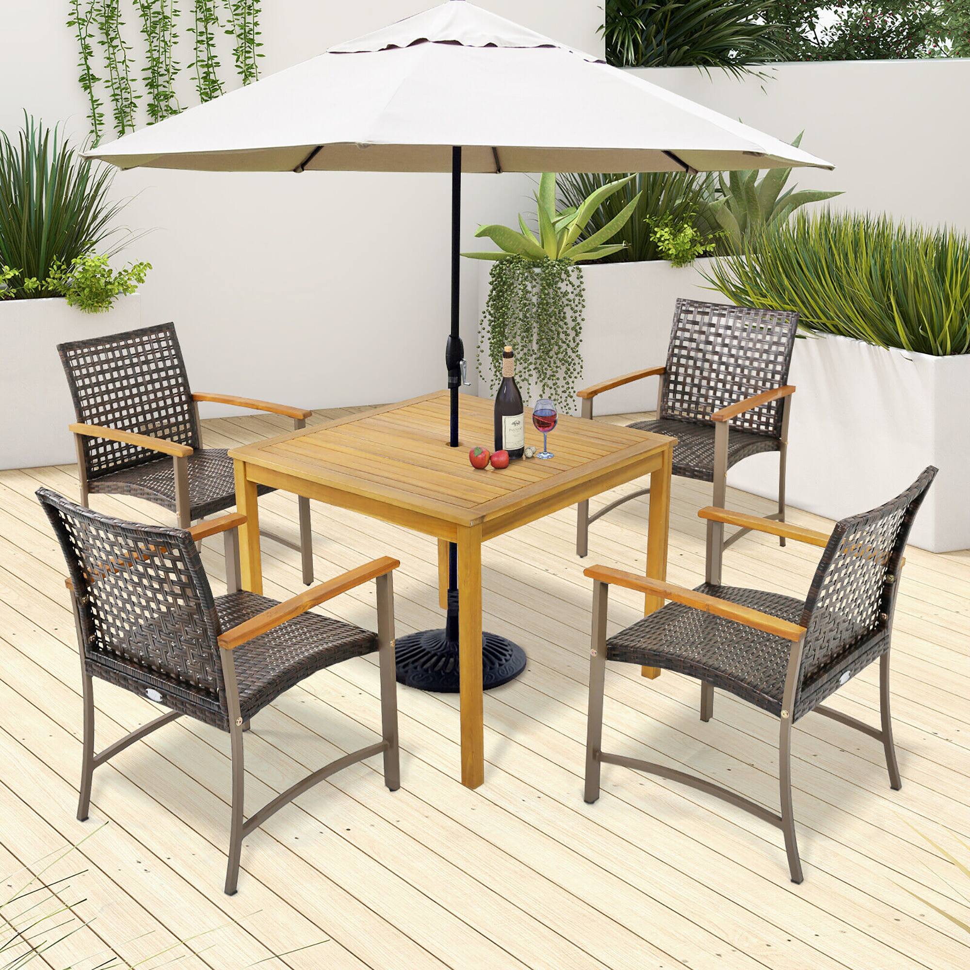 Alt View 4. Gymax - Gymax 5 PCS Patio Dining Set Acacia Wood Table w/ 1.9'' Umbrella Hole Wicker Armchairs - Natural, Mix Brown.