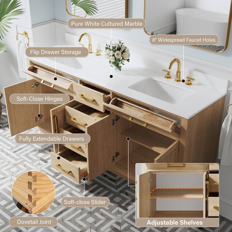 Pure White Cultured Marble Flip Drawer Storage  
Soft-Close Hinges  
8" Widespread Faucet Holes  
Fully Extendable Drawers  
Soft-close Slider  
Dovetail Joint  
Adjustable Shelves