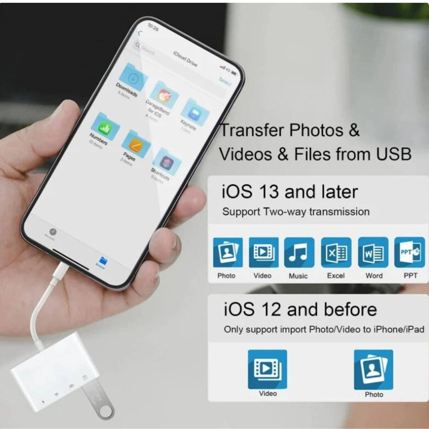 10:26 Search iCloud Drive

4 Select Downloads GarageBand for iOS Keynote Transfer Photos & Videos & Files from USB

iOS 13 and later
Support Two-way transmission
- Photo
- Video
- Music
- Excel
- Word
- PPT

iOS 12 and before
Only support import Photo/Video to iPhone/iPad
- Video
- Photo