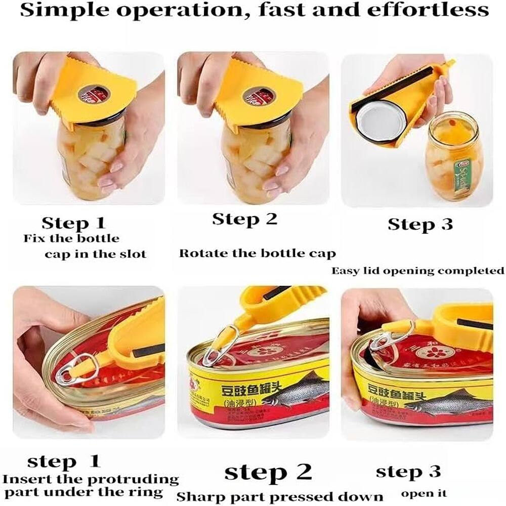 Simple operation, fast and effortless

Step 1  
Fix the bottle cap in the slot

Step 2  
Rotate the bottle cap

Step 3  
Easy lid opening completed

Step 1  
Insert the protruding part under the ring

Step 2  
Sharp part pressed down

Step 3  
Open it