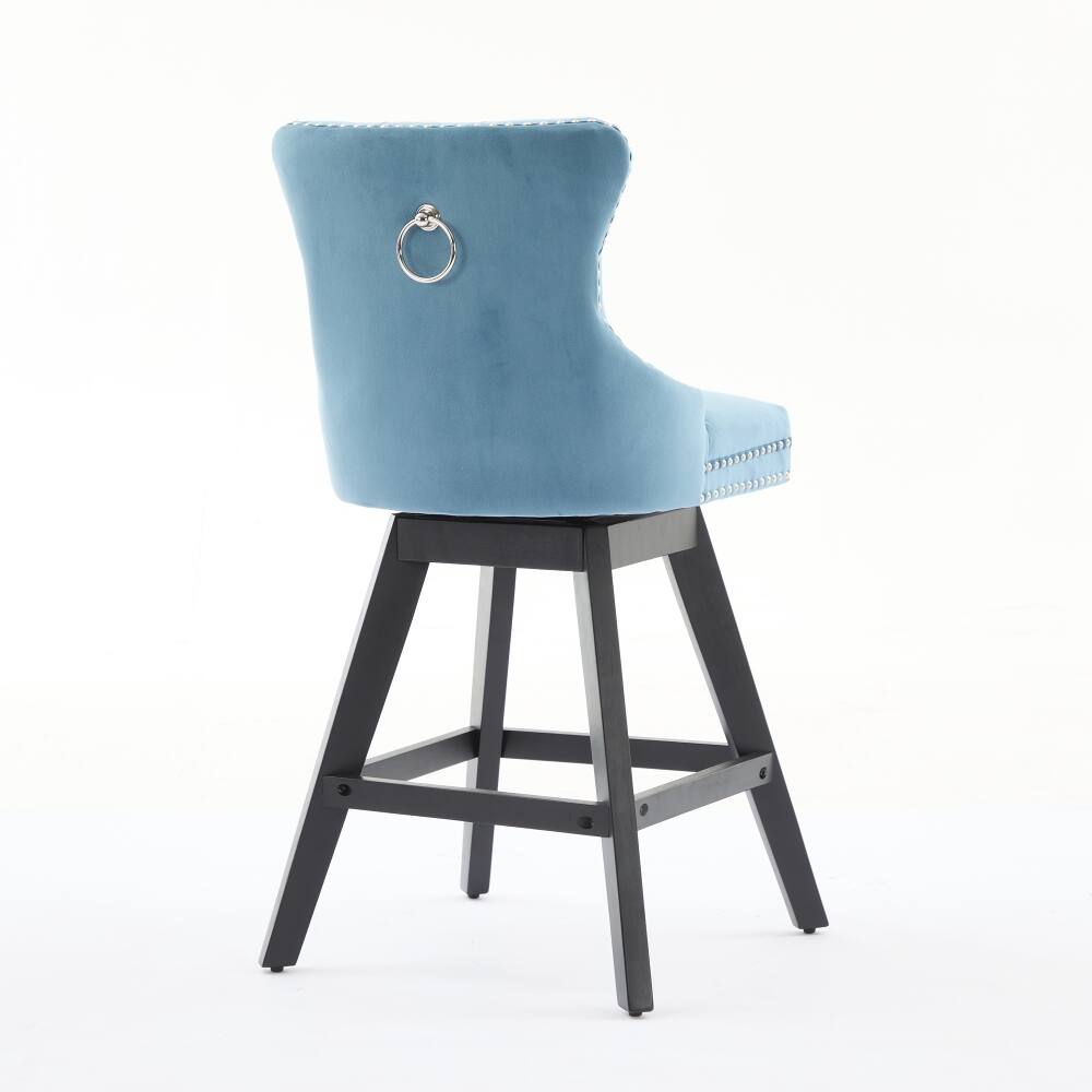 Alt View 3. Loheer - Loheer Swivel Velvet Barstools Set of 2 Light Blue Button Tufted Bar Chairs Wooden Legs Chrome Nailhead Trim - Light Blue.