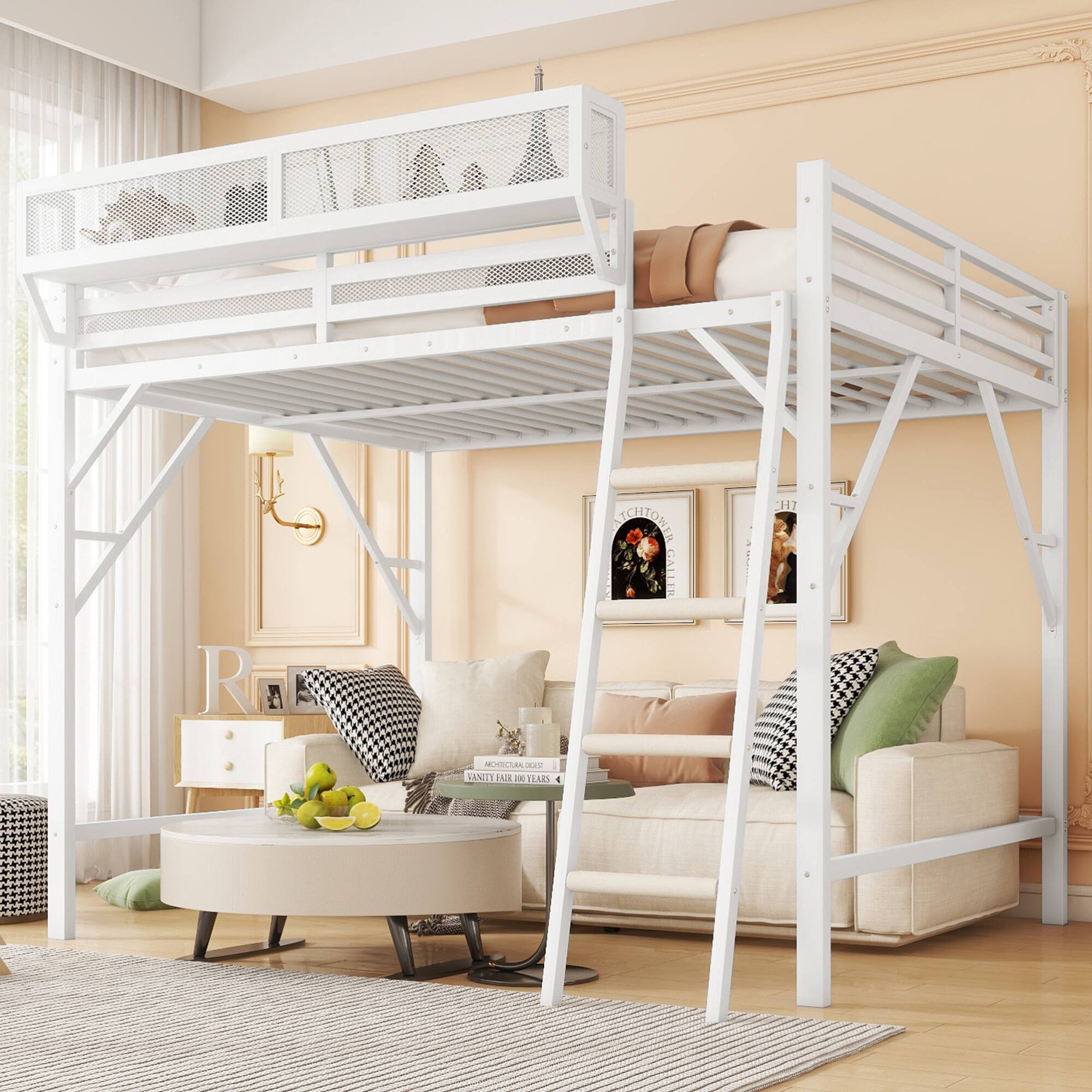 GOODSILO - Full Size Metal Loft Bed with Storage Shelves and Ladder for Kids and Teens - White