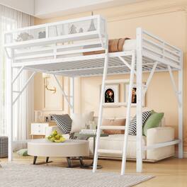 GOODSILO - Full Size Metal Loft Bed with Storage Shelves and Ladder for Kids and Teens - White