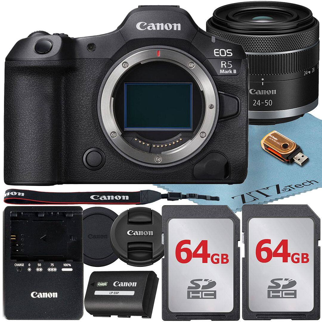 Canon EOS R5 Mark II  
Canon 24-50  
Canon 64GB SDHC  
Canon 64GB SDHC  
Canon LP-E6G Battery  
Canon Charger  
Canon Lens Cap  
Canon Strap  
Canon USB Cable  
Z7Tech