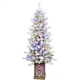 BreeBe - 4FT Flocked Christmas Tree with Multicolour LED Lights - White,Green
