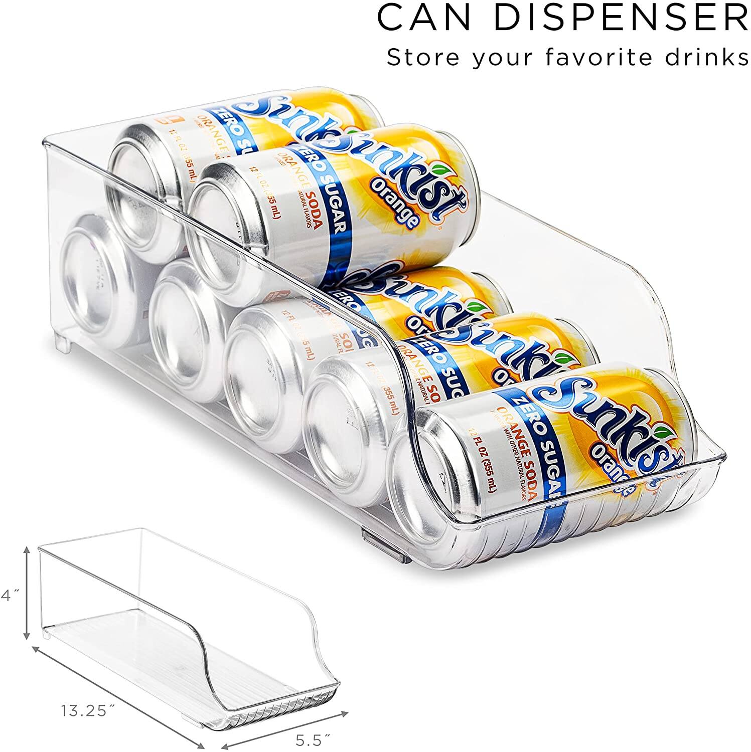 CAN DISPENSER  
Store your favorite drinks  

Sunkist  
ZERO SUGAR  
ORANGE SODA  
12 FL OZ (355 mL)  

Dimensions:  
4" x 13.25" x 5.5"