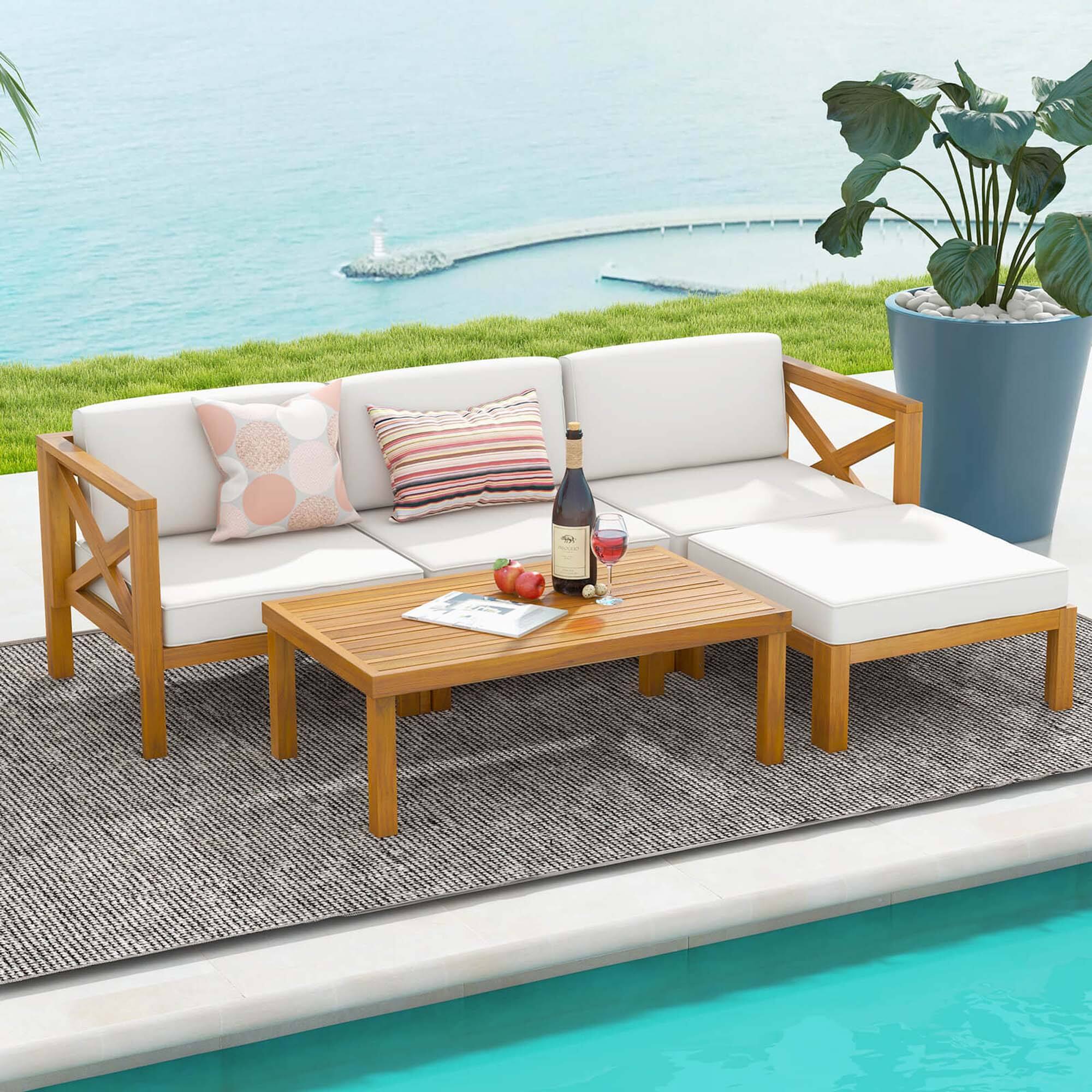 Alt View 1. Costway - Costway 5 PCS Outdoor Conversation Furniture Set with 3 Chairs 1 Ottoman 1 Coffee Table - Off White,Natural.