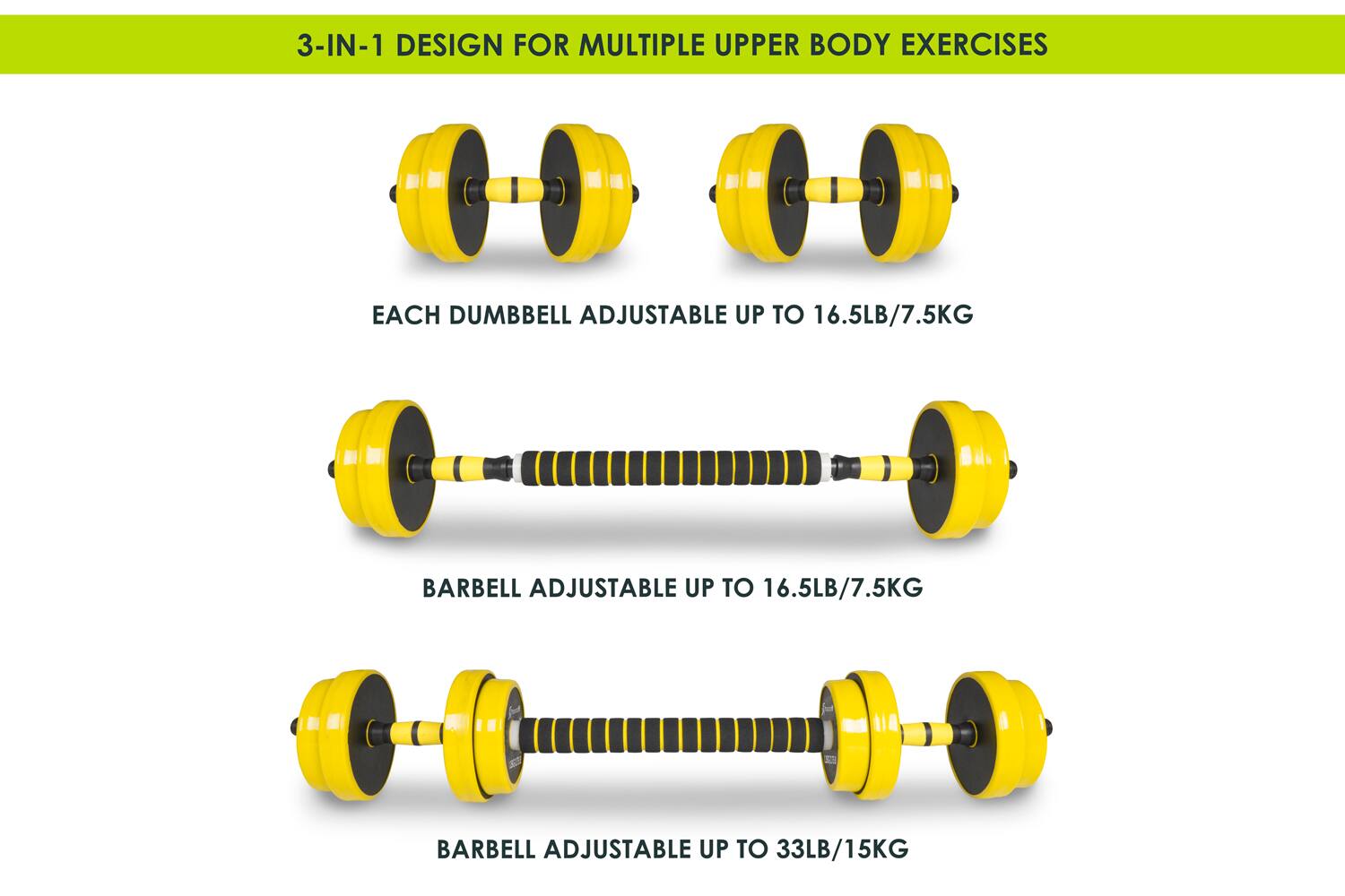 3-IN-1 DESIGN FOR MULTIPLE UPPER BODY EXERCISES

EACH DUMBBELL ADJUSTABLE UP TO 16.5LB/7.5KG
BARBELL ADJUSTABLE UP TO 16.5LB/7.5KG
BARBELL ADJUSTABLE UP TO 33LB/15KG