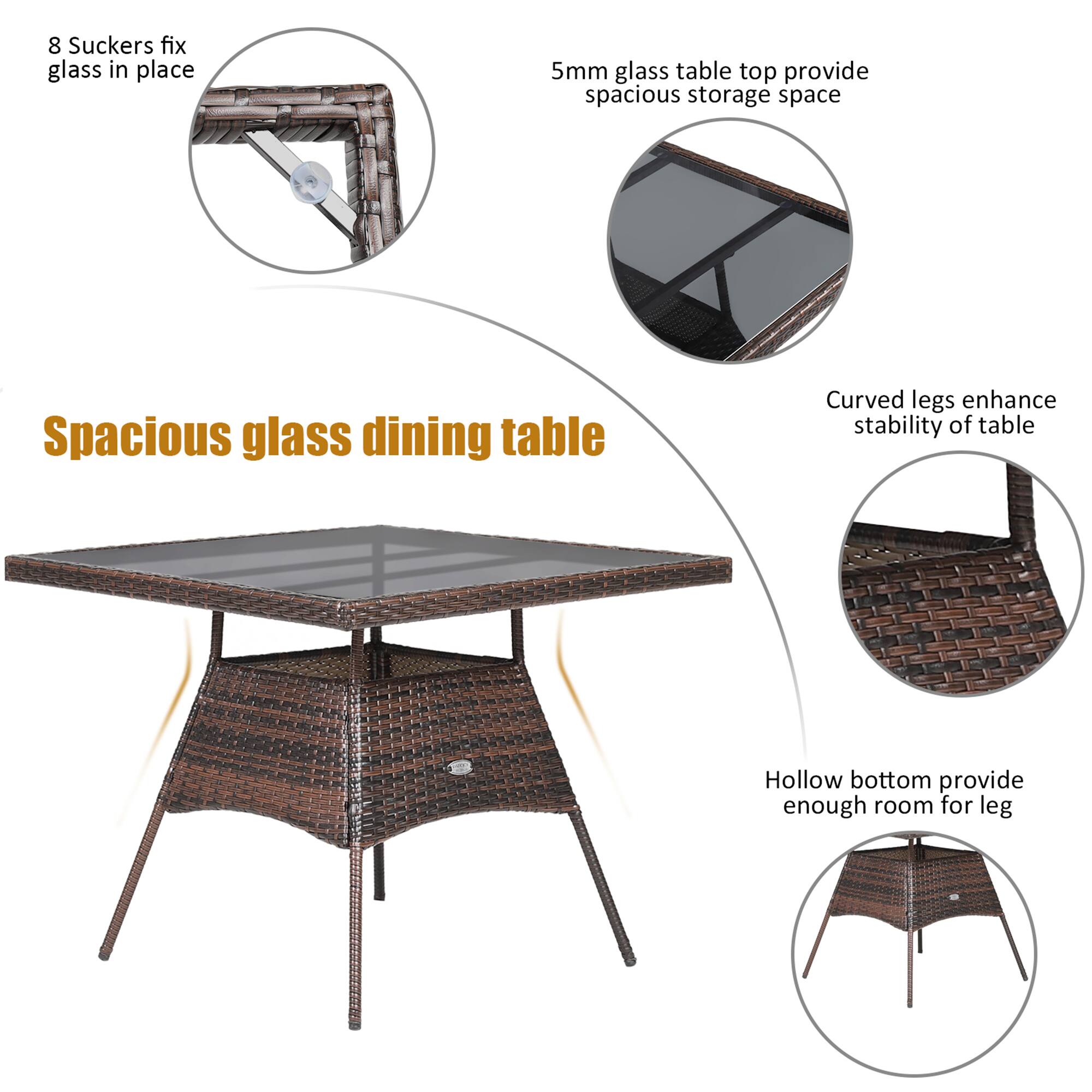 Spacious glass dining table, 8 Suckers fix glass in place, 5mm glass table top provide spacious storage space, Curved legs enhance stability of table, Hollow bottom provide enough room for leg.