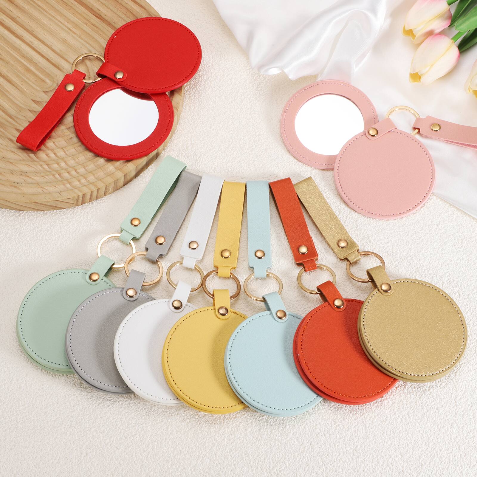 Alt View 3. Unique Bargains - Keychain Mirror, Mini Compact Mirror with PU Leather Cover Round Portable Rotating Folding Keyring for Women - Elephant Gray.