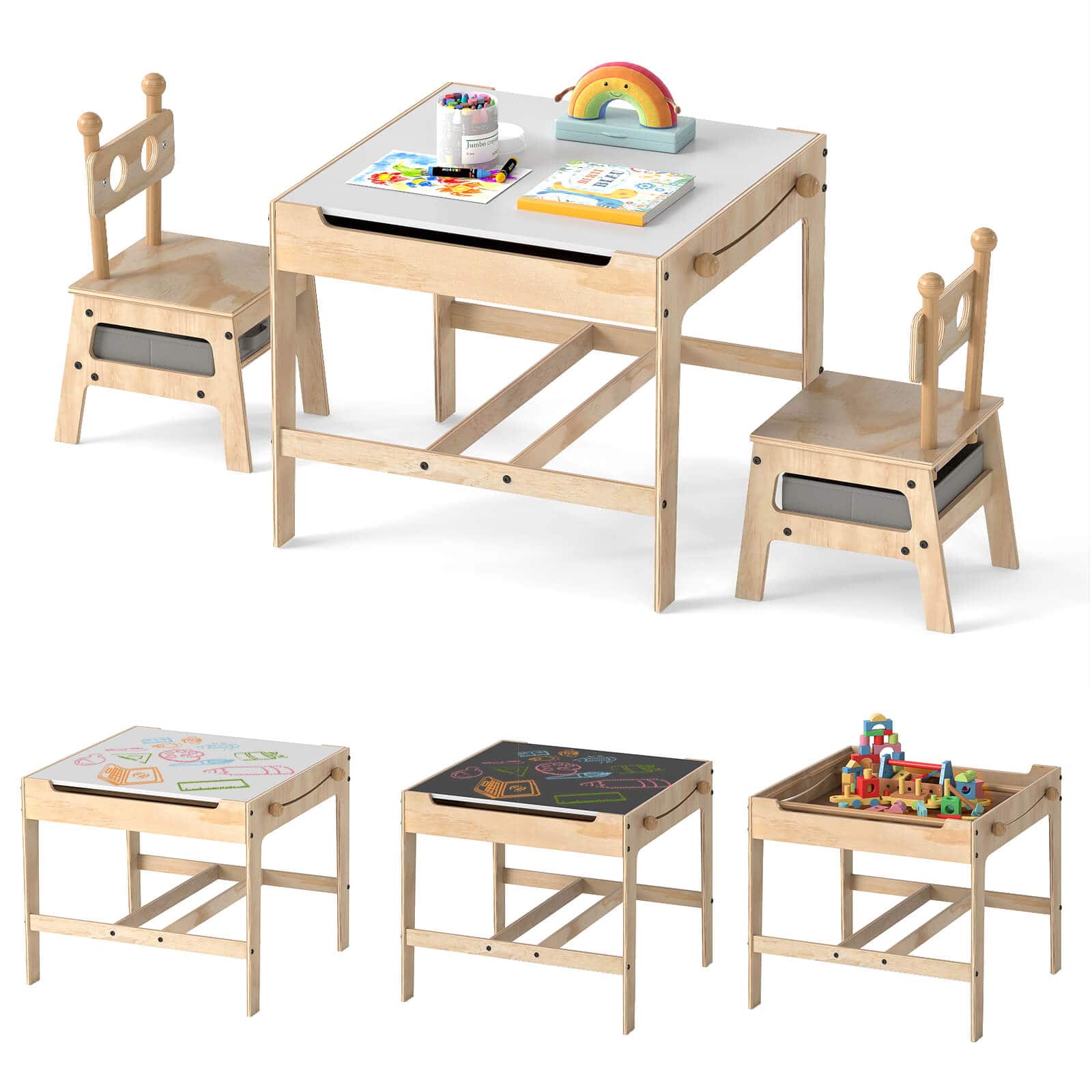 Costway - Kids Table and Chairs Set 4 in 1 Children Activity Table with Reversible Whiteboard - Gray,Natural price history on PriceWatchPro