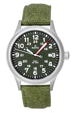 RATIO - Quest Mens Field Watch Sapphire Canvas Strap Khaki Dial Quartz RTQ029 100M Lewis And Clark Edition - Green