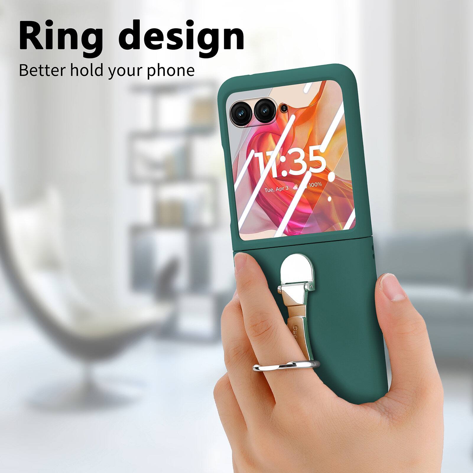 Ring design  
Better hold your phone  

11:35  
100%  
Tue, Apr 3