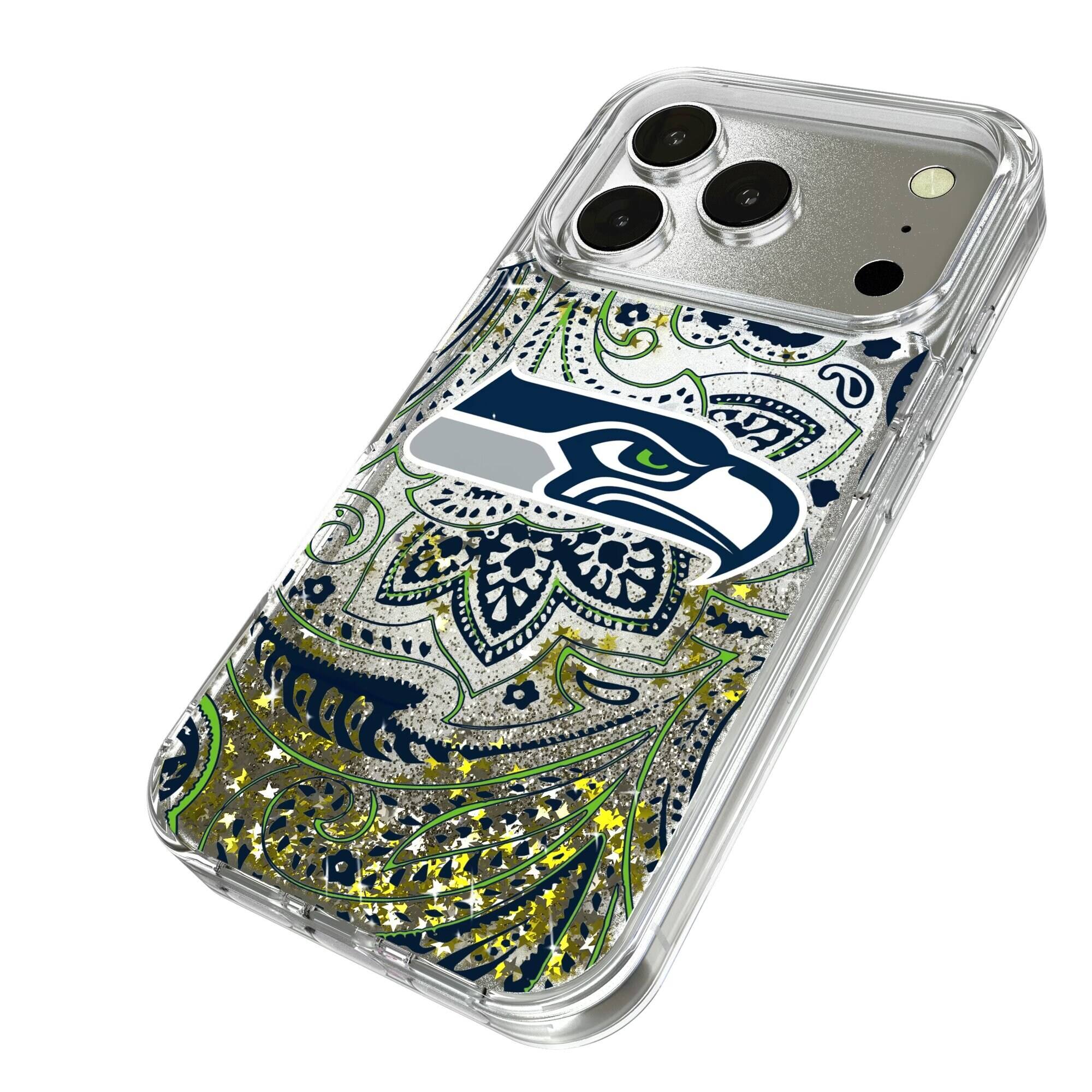 Alt View 1. Keyscaper - Seattle Seahawks iPhone Paisley Design Glitter Case - 15 Pro Max - Multicolor.
