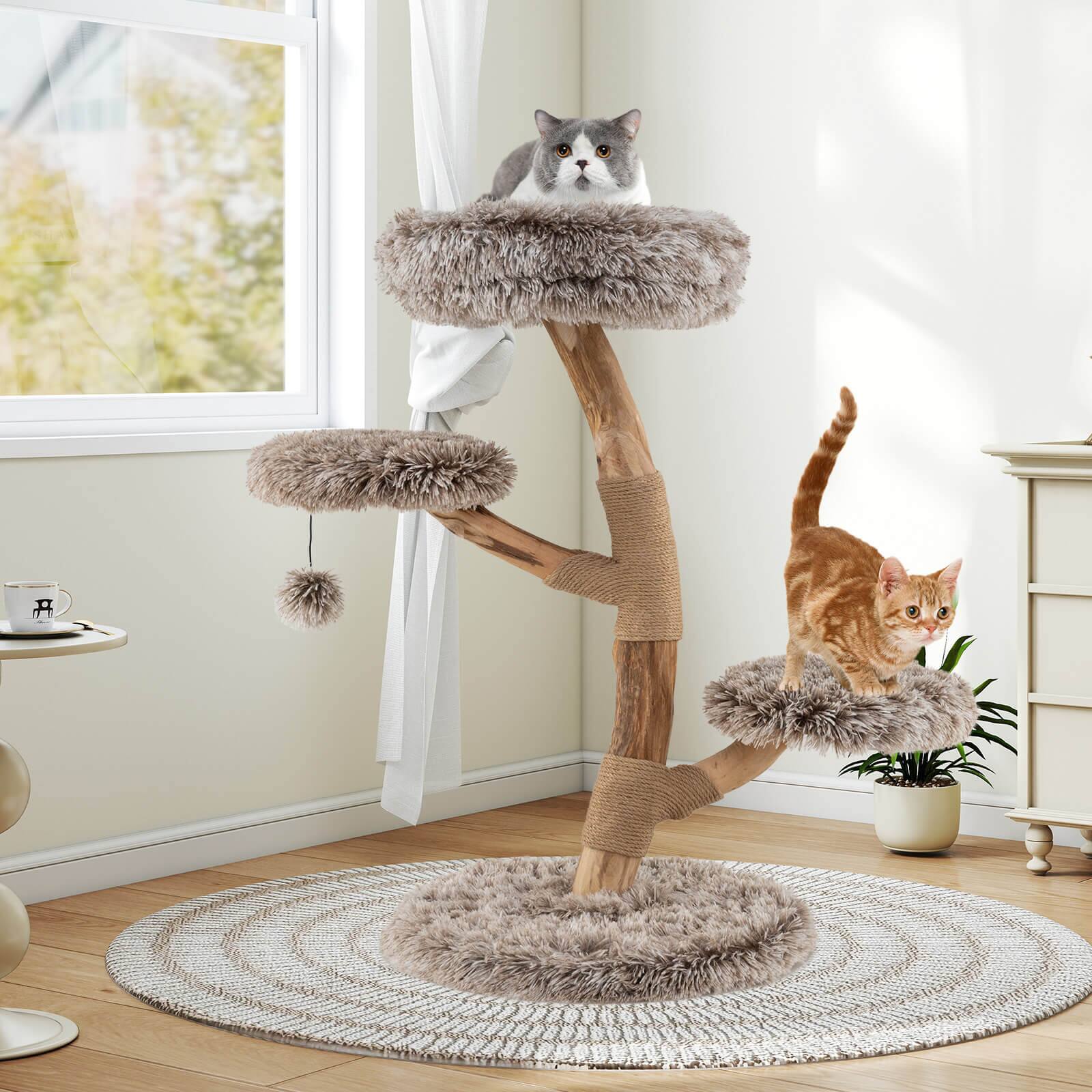 Alt View 1. Costway - Costway Modern Cat Tree with Pear Wood Trunks Scratching Posts Soft Long Plush Fabric - Brown.