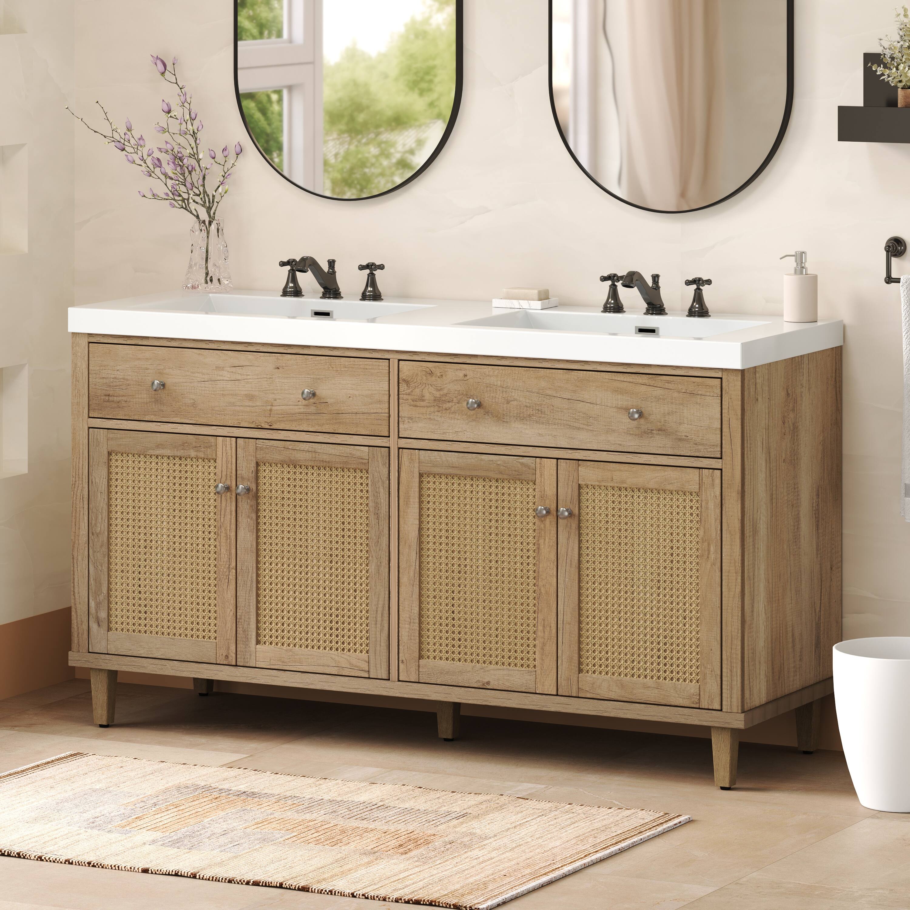 Angle. Loheer - 60" Double Sink Bathroom Vanity — Freestanding Wood Cabinet with SMC Basins, Soft-Close Doors and Large Storage - Wood.