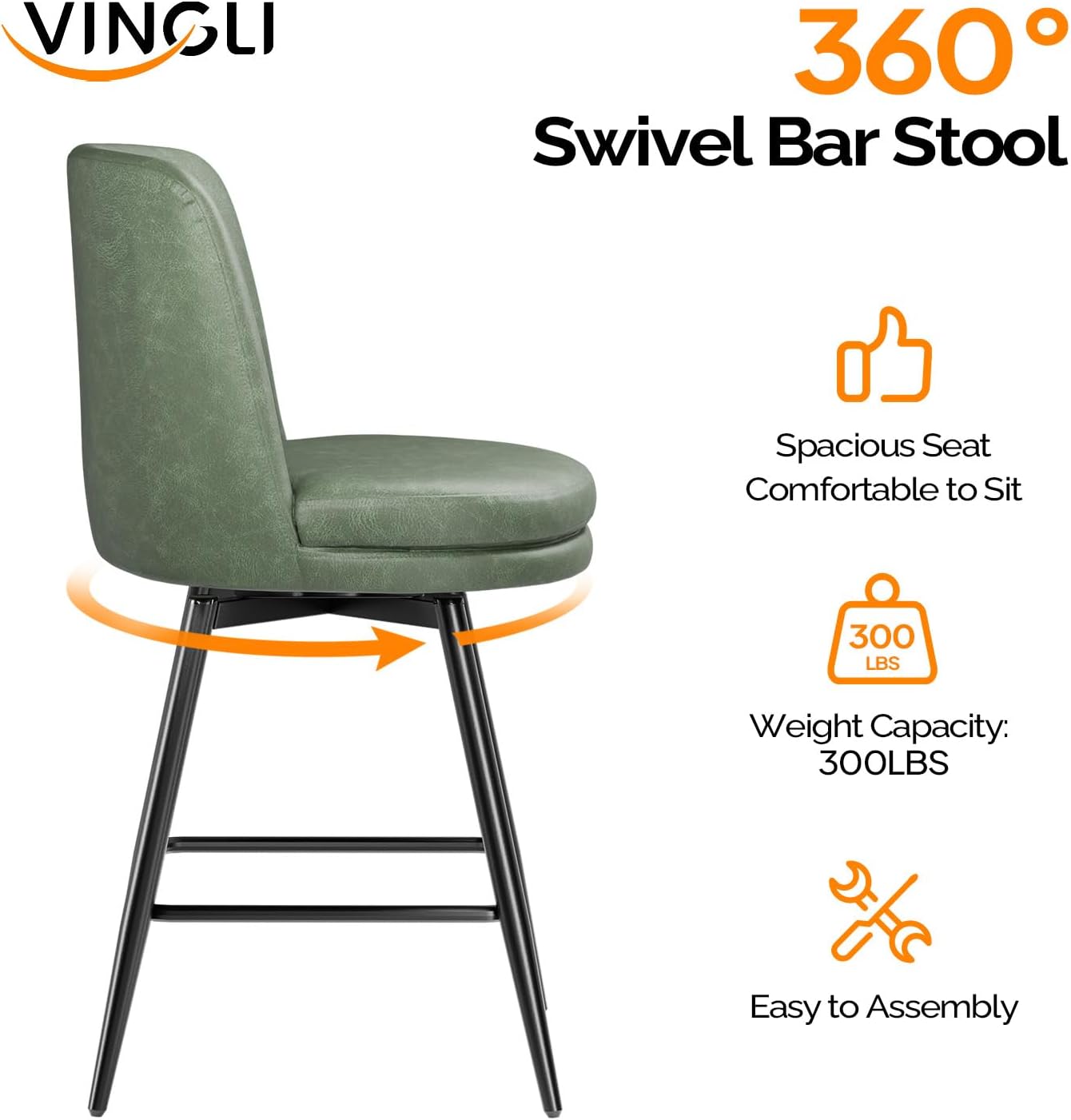 VINGLI

360° Swivel Bar Stool

Spacious Seat Comfortable to Sit

Weight Capacity: 300LBS

Easy to Assembly