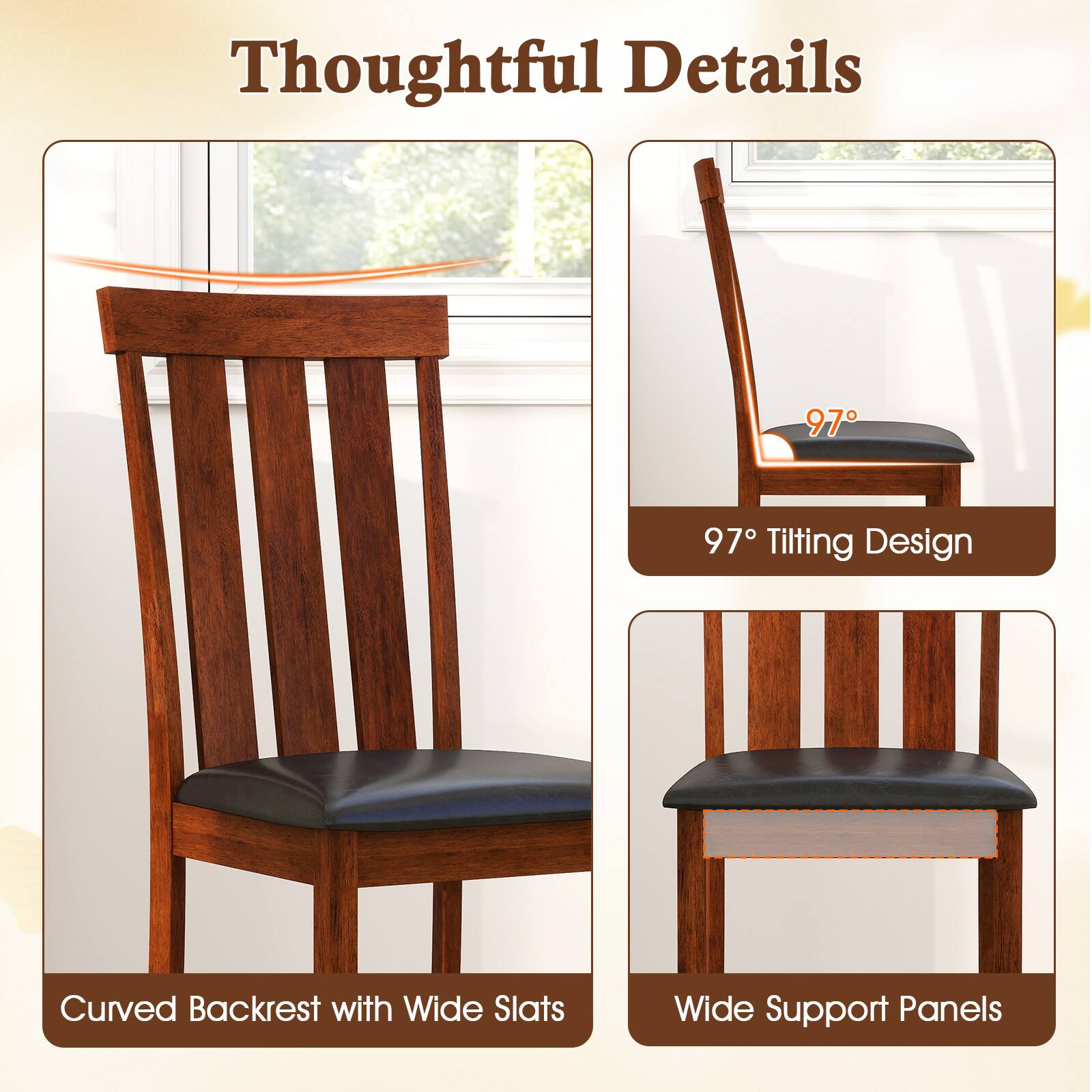 Thoughtful Details

- Curved Backrest with Wide Slats
- 97° Tilting Design
- Wide Support Panels