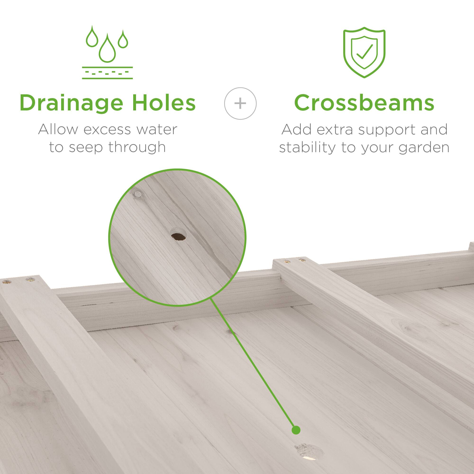 Drainage Holes  
Allow excess water to seep through  

+  

Crossbeams  
Add extra support and stability to your garden