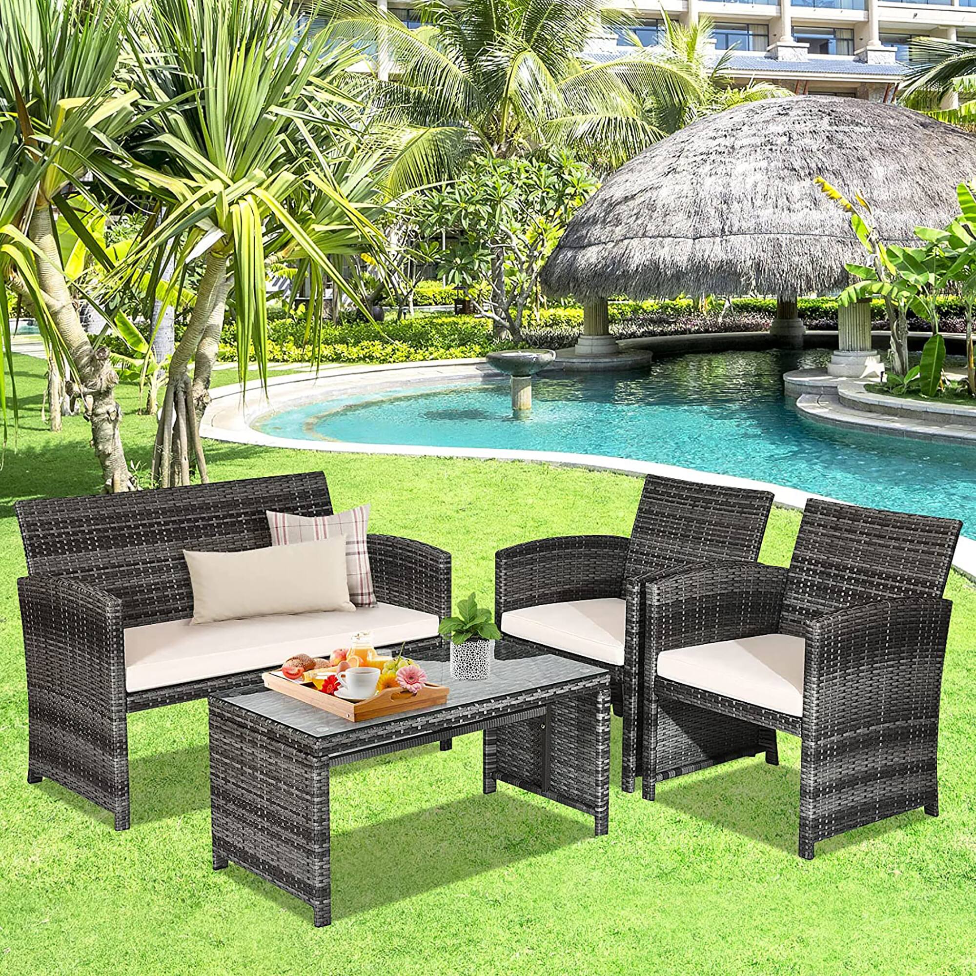 Alt View 1. Costway - Costway 4PCS Patio Rattan Furniture Set Conversation Glass Table Top Cushioned Sofa - Beige.