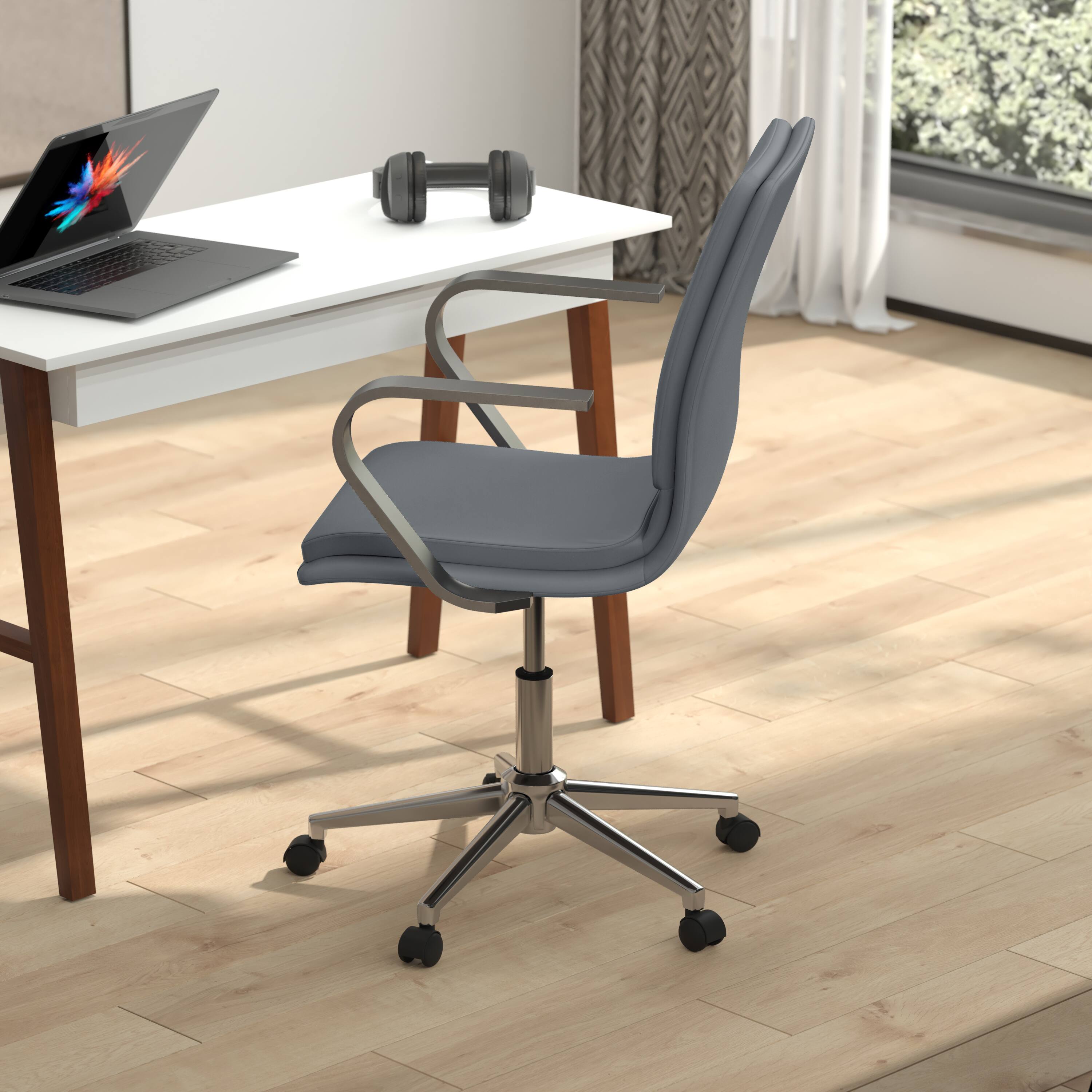 Alt View 3. Emma + Oliver - Ziva Modern Upholstered Mid-Back Home Office Chair with Arms and 5 Star Base - Gray LeatherSoft/Chrome Frame.