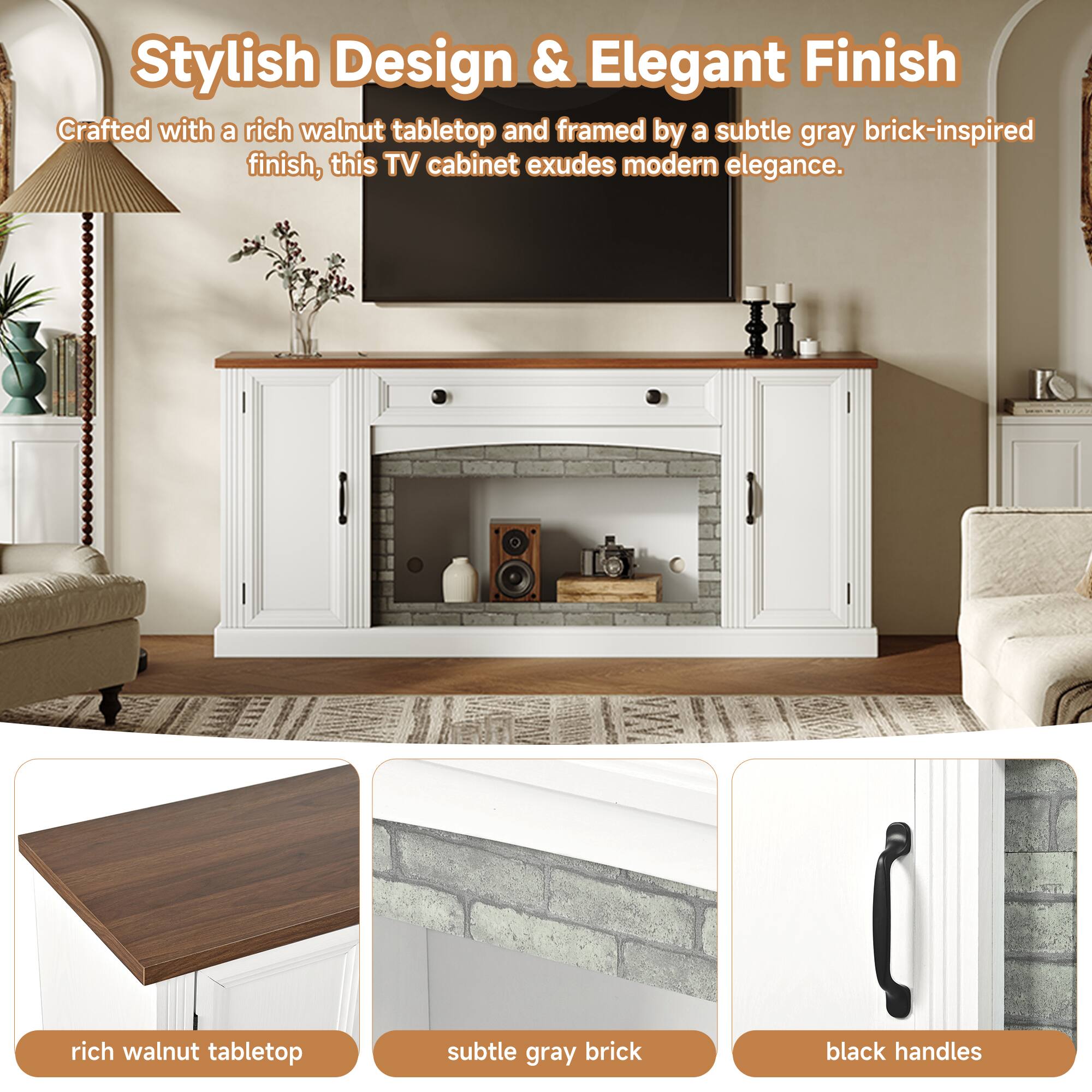 Stylish Design & Elegant Finish

Crafted with a rich walnut tabletop and framed by a subtle gray brick-inspired finish, this TV cabinet exudes modern elegance.

- rich walnut tabletop
- subtle gray brick
- black handles