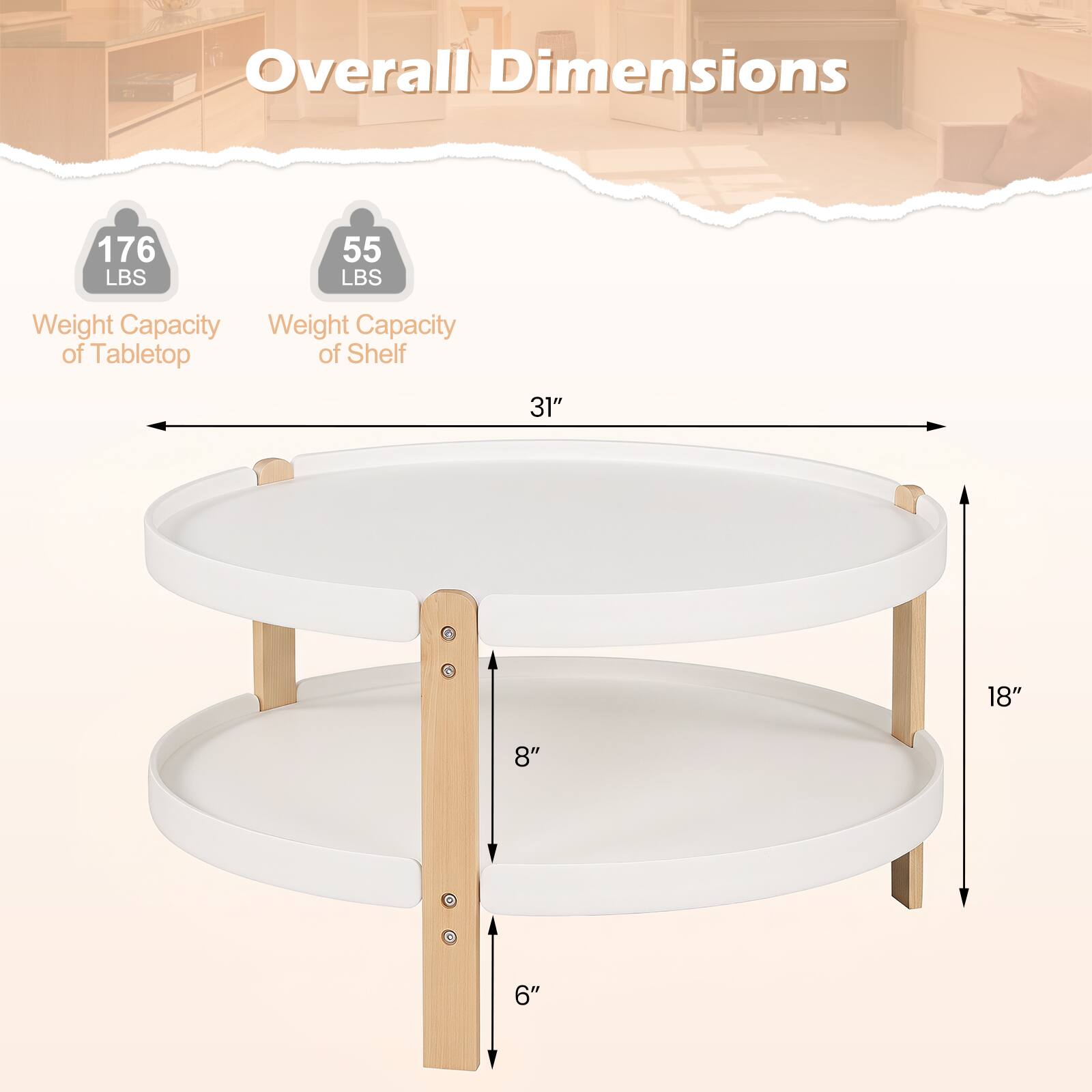 Overall Dimensions

176 LBS  
Weight Capacity of Tabletop

55 LBS  
Weight Capacity of Shelf

31"  
18"  
8"  
6"