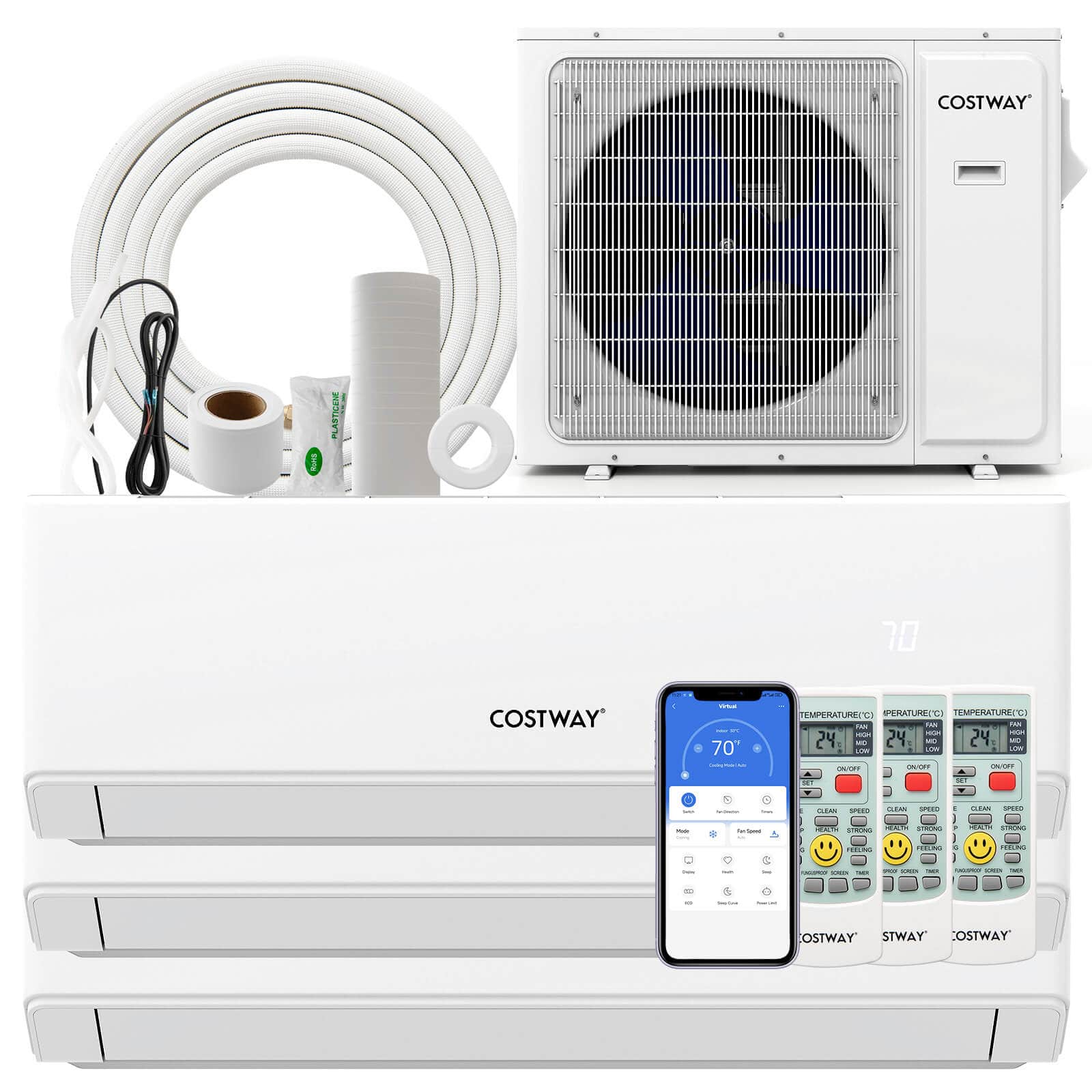 Costway - 36k BTU 3 Zone 7k + 12K + 18K BTU Mini Split Air Conditioner 23 SEER2 Wifi Enabled - White