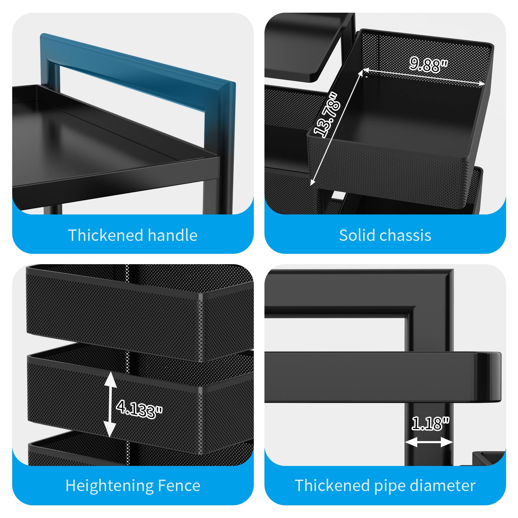 1. Thickened handle
2. Solid chassis
   - 13.78"
   - 9.88"
3. Heightening Fence
   - 4.13"
4. Thickened pipe diameter
   - 1.18"