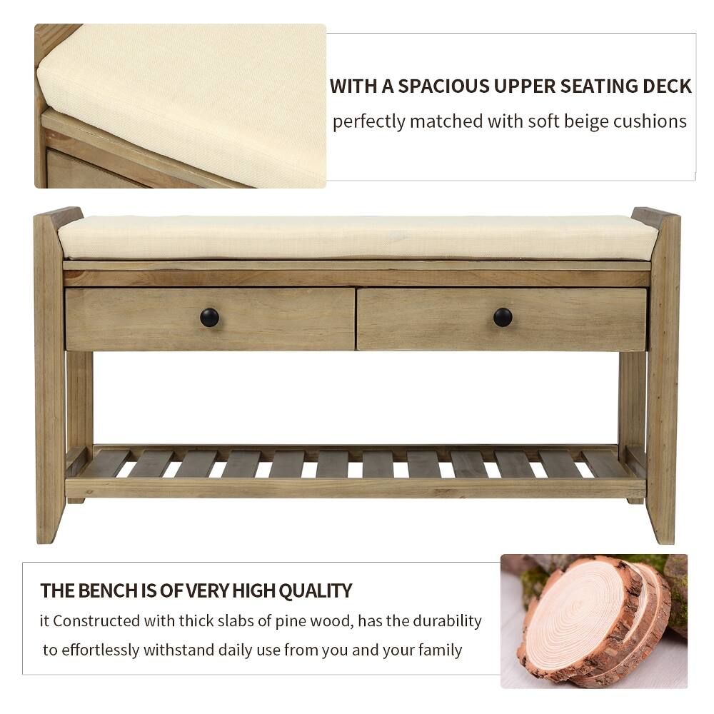 WITH A SPACIOUS UPPER SEATING DECK  
perfectly matched with soft beige cushions  

THE BENCH IS OF VERY HIGH QUALITY  
it is constructed with thick slabs of pine wood, has the durability to effortlessly withstand daily use from you and your family