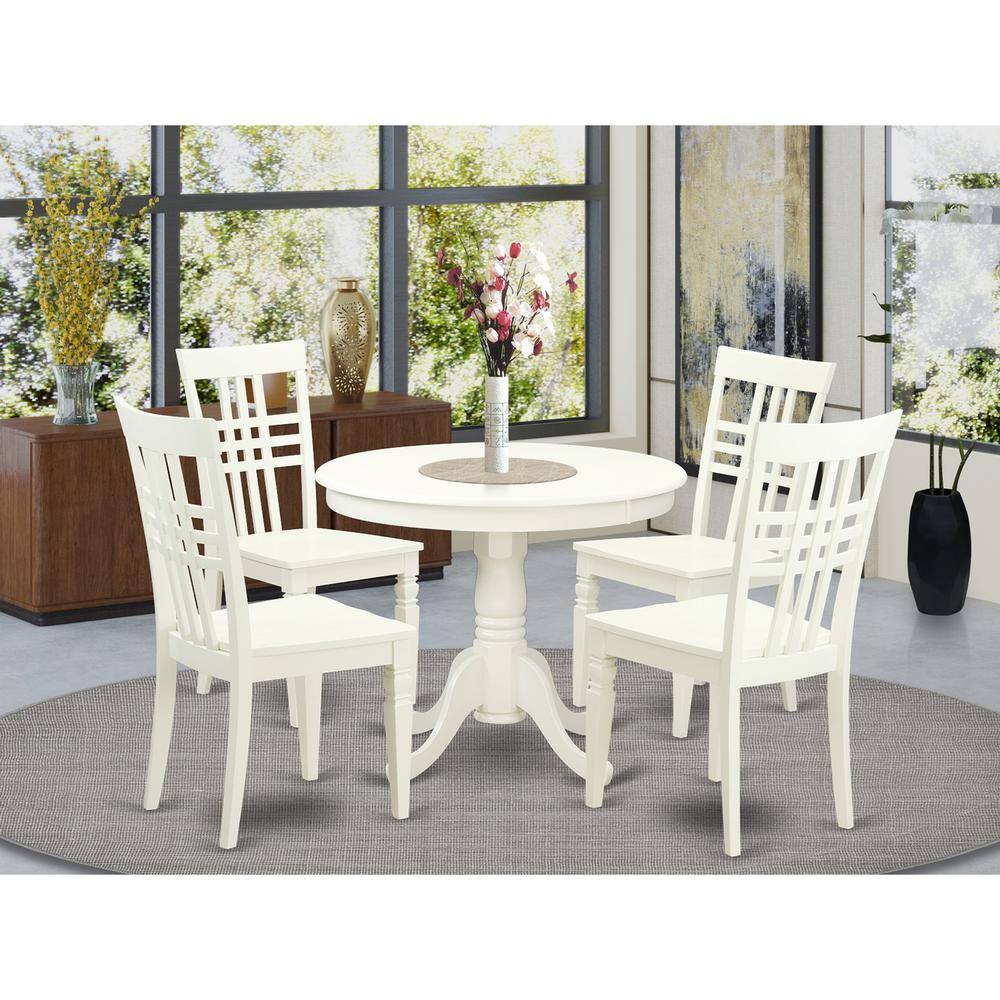 Back. East West Furniture - 5 Pc set with a Table and 4 Wood Kitchen Chairs with Linen White. - Linen White.