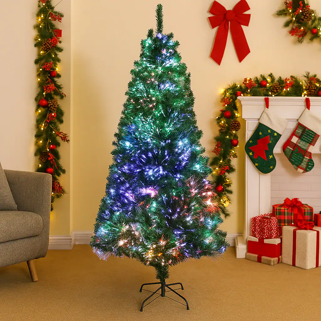 Angle. BreeBe - Artificial Fiber Optic Tree – 5/7FT Pre-Lit Spruce with Color Changing Lights - Green.