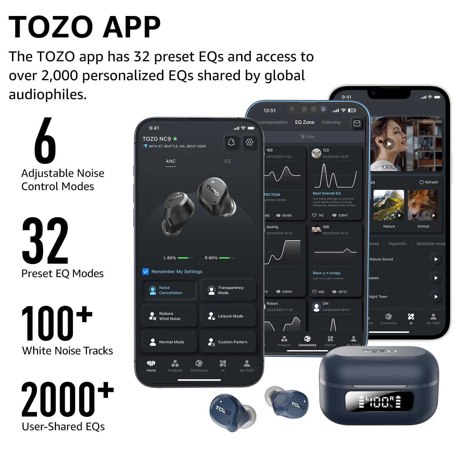 TOZO APP

The TOZO app has 32 preset EQs and access to over 2,000 personalized EQs shared by global audiophiles.

6 Adjustable Noise Control Modes

32 Preset EQ Modes

100+ White Noise Tracks

2000+ User-Shared EQs