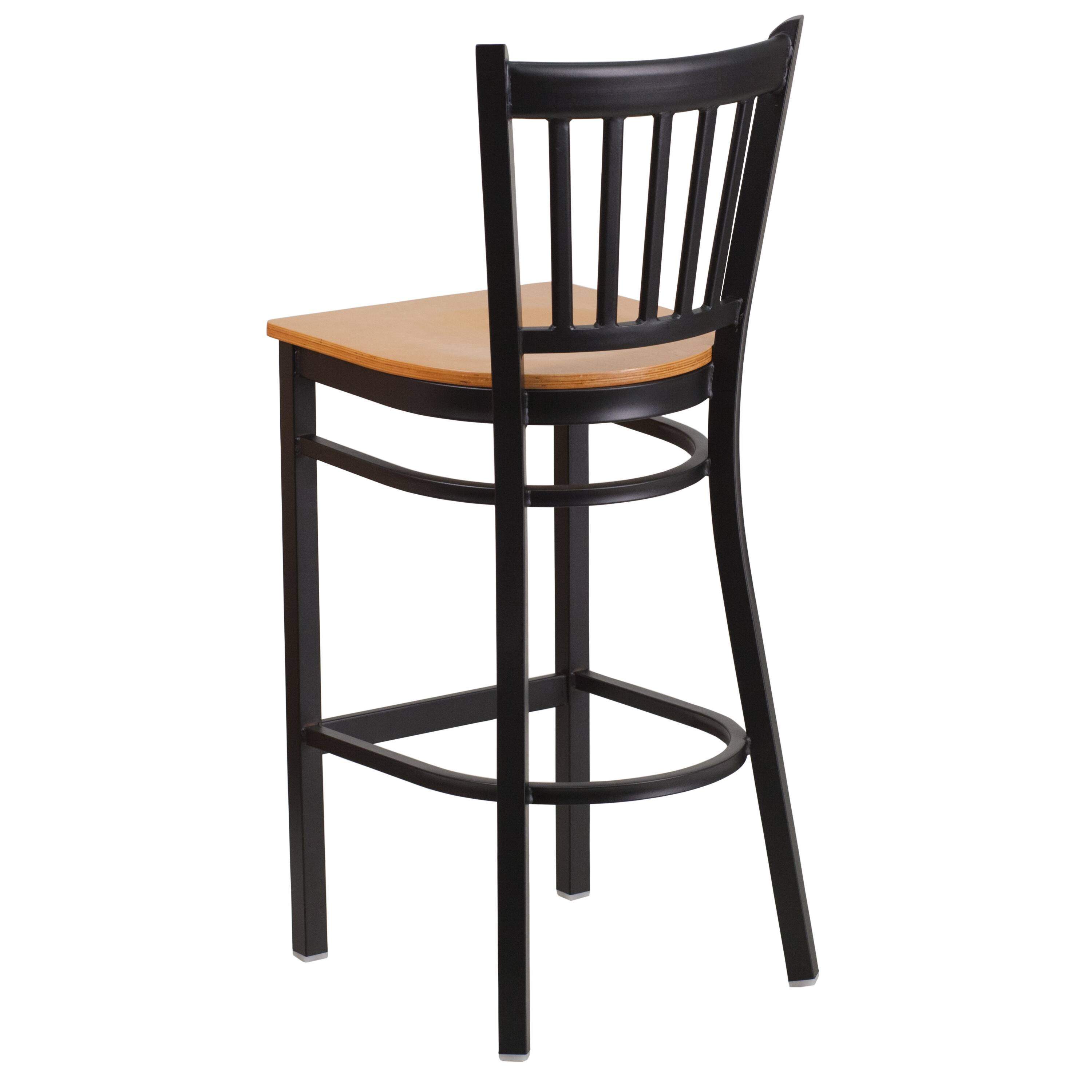 Alt View 5. Emma + Oliver - Vertical Back Metal Restaurant Dining Barstool - Natural Wood Seat/Black Metal Frame.