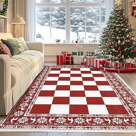 GARVEE - Area Rugs 5x7, Checkered Christmas Rugs for Holiday Decor, Non Slip Low Pile Washable Rug for Home - Red