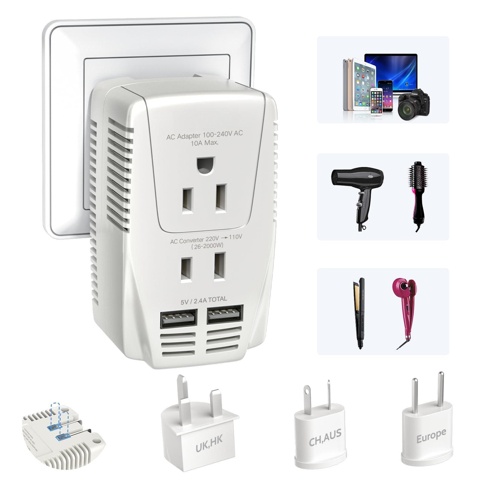 The Best Inks - Upgraded 2000w 220v To 110v Converter For European Travel Hair Dryer Straightener Curling Iron 2300w Adapter - White