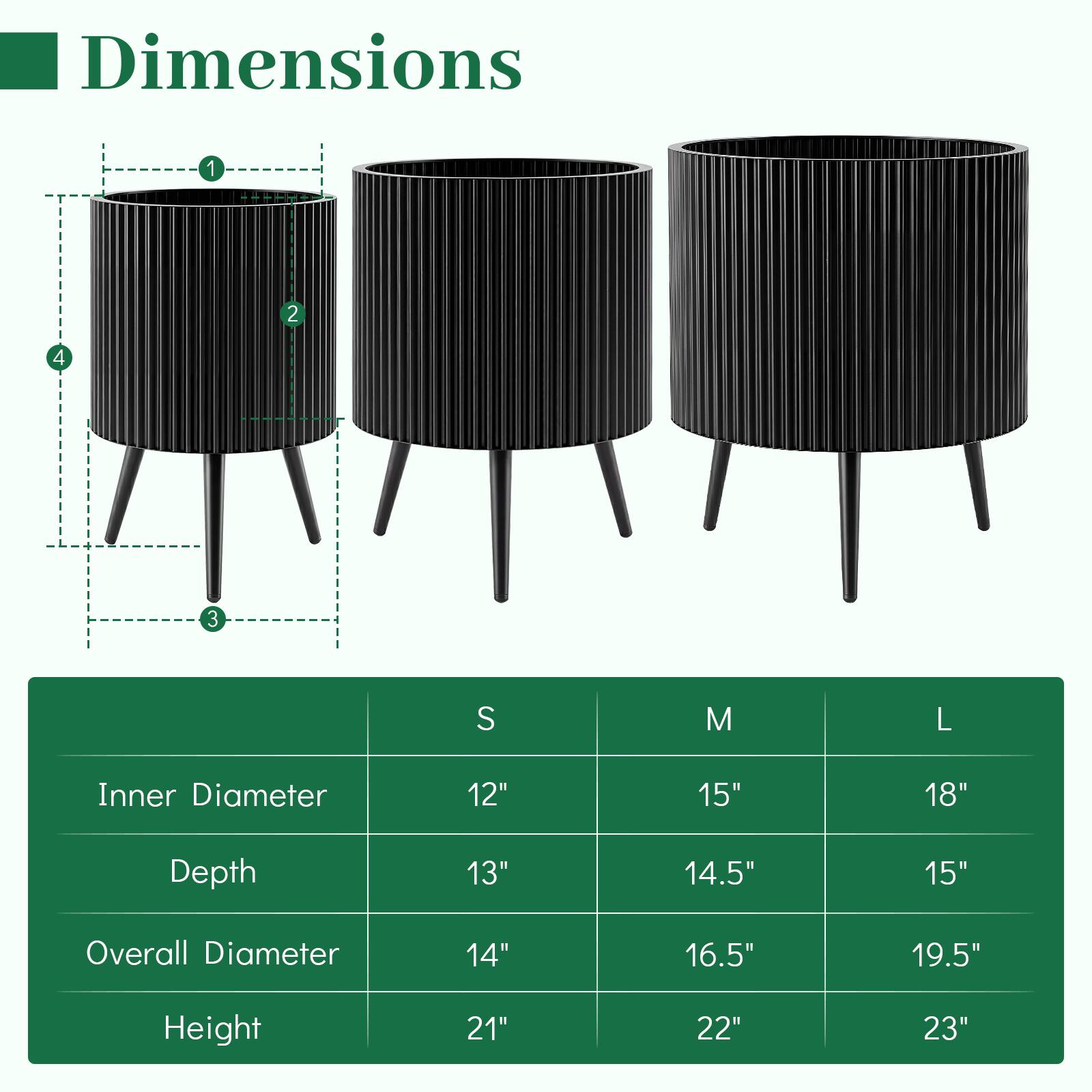 Dimensions

1. Inner Diameter
   - S: 12"
   - M: 15"
   - L: 18"

2. Depth
   - S: 13"
   - M: 14.5"
   - L: 15"

3. Overall Diameter
   - S: 14"
   - M: 16.5"
   - L: 19.5"

4. Height
   - S: 21"
   - M: 22"
   - L: 23"