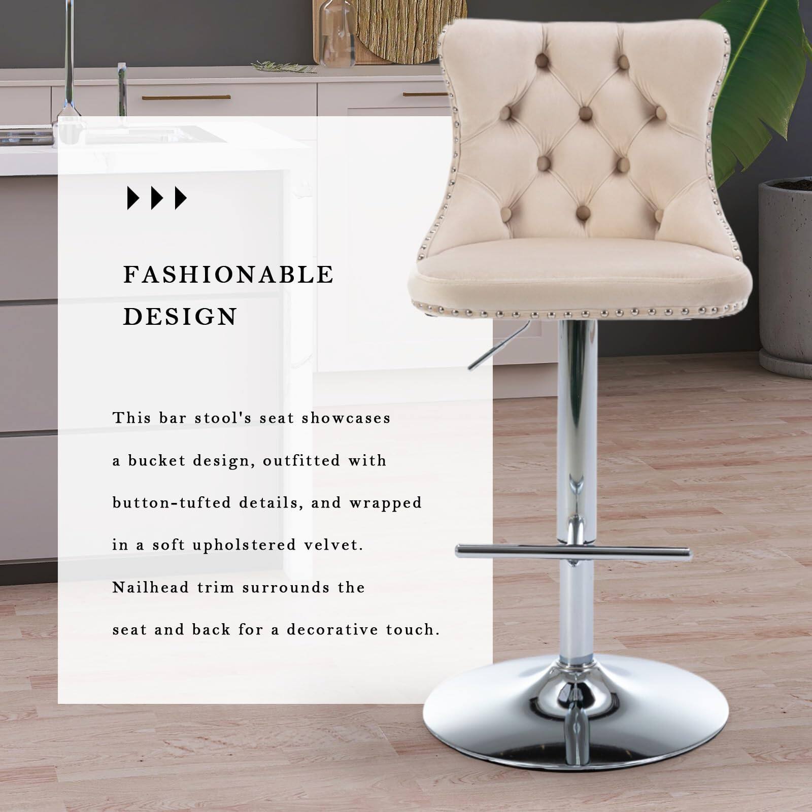 FASHIONABLE DESIGN

This bar stool's seat showcases a bucket design, outfitted with button-tufted details, and wrapped in a soft upholstered velvet. Nailhead trim surrounds the seat and back for a decorative touch.